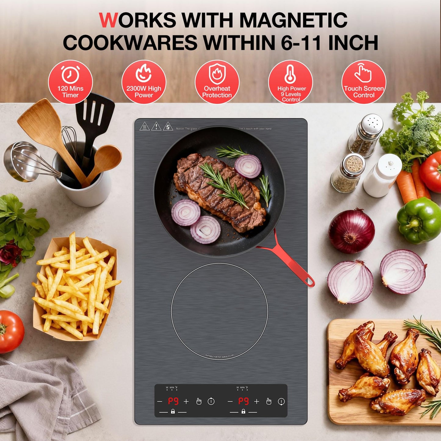 Double Induction Cooktop 110v-120v, GTKZW 2300W Electric Cooktop 20 inch Hot Plate Electric Stove Top with Plug in, Built-in and Countertop, 9 Power Levels, Timer & Safety Lock