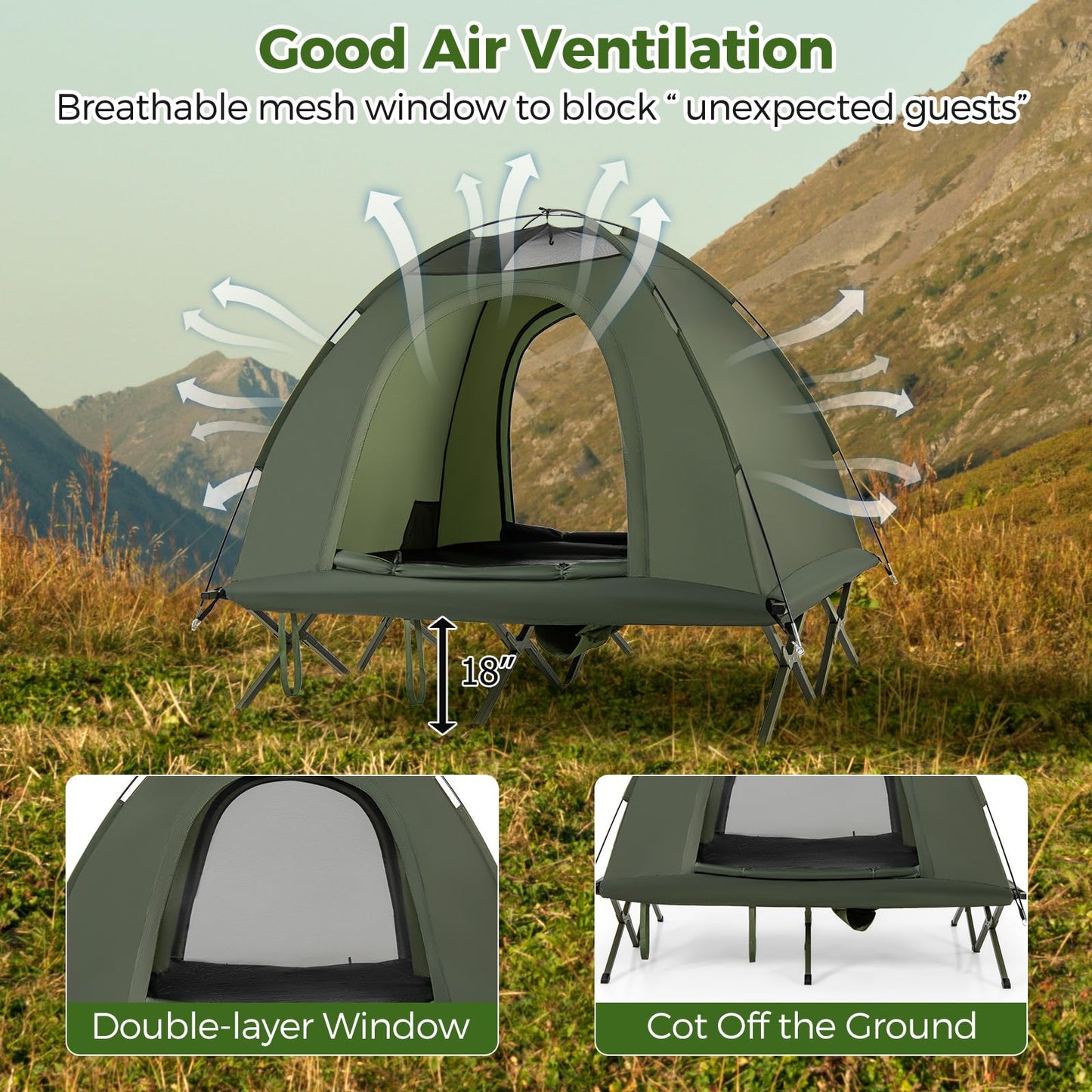 Tangkula 2 Person Tent Cot, Portable Off Ground Elevated Camping Tent with Cot, Removable Rainfly, Wheeled Bag, Stakes & Wind Ropes for Picnic, Hiking, Travel, Beach