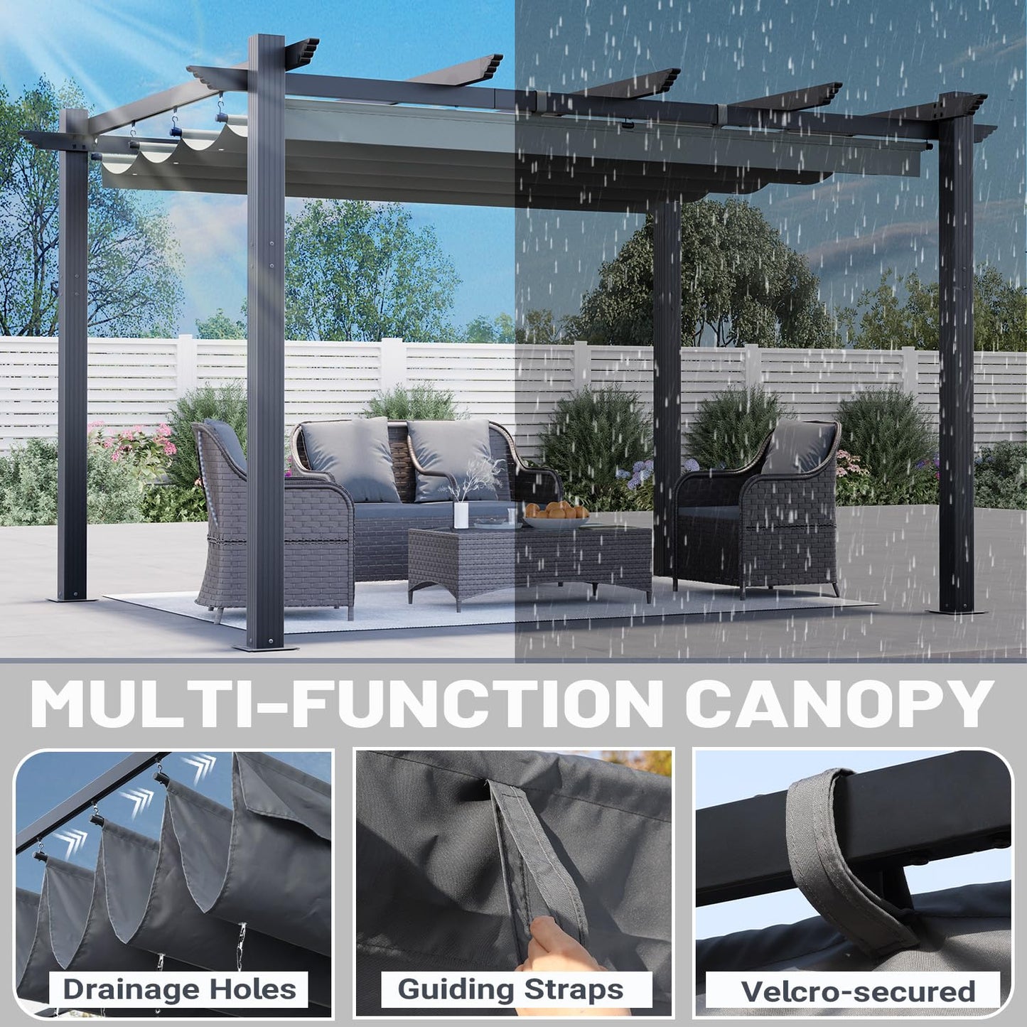 MELLCOM Retractable Pergola 10x13 Ft, Outdoor Aluminum Shelter with Dual Adjustable Sun Shade Canopy for Patio Backyard, Locking System Includes Straps & Screws (Gray)