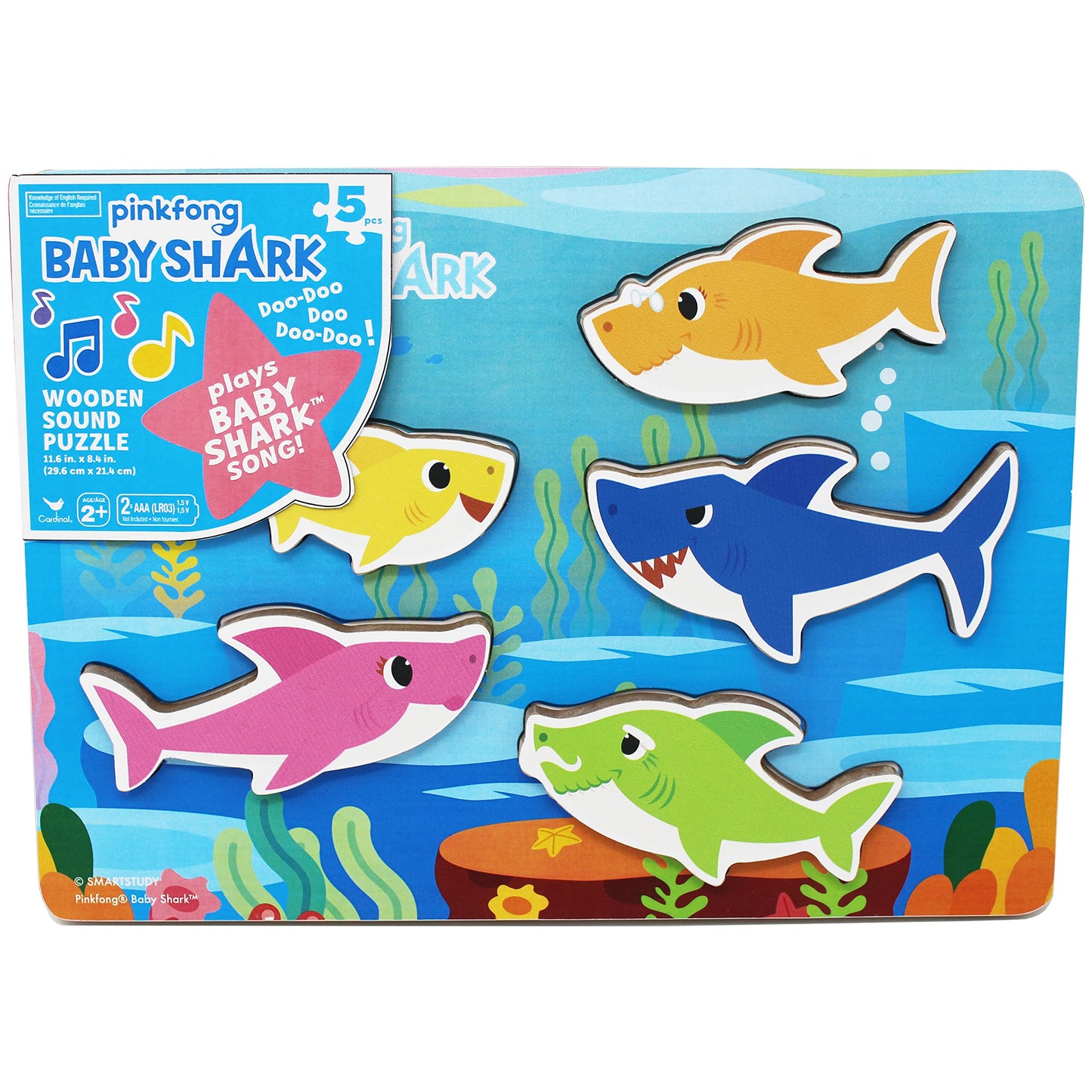 Spin Master Games, Pinkfong Baby Shark Musical Wooden Sound Puzzle, Plays Viral Song, 5 Pieces, Toddler Toys, for Ages 2 & Up