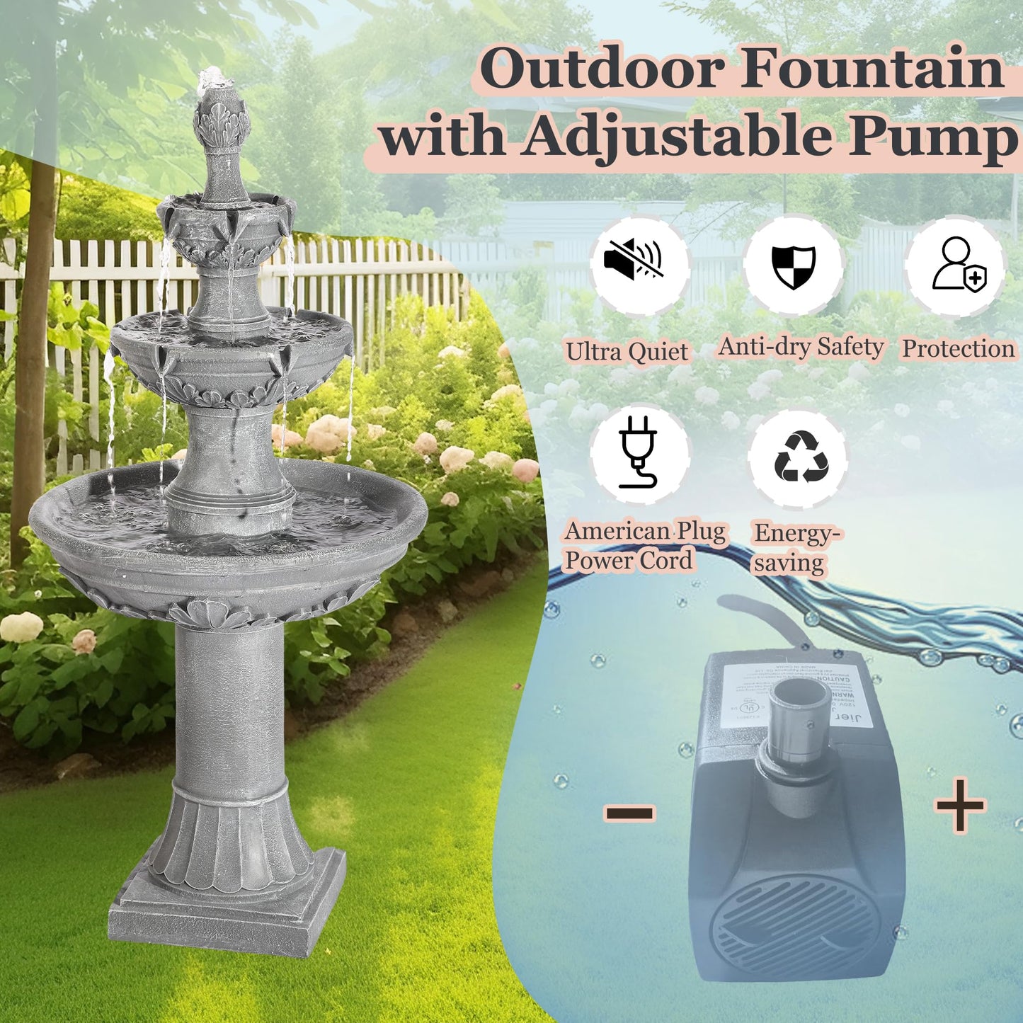 MAGIC UNION Outdoor Garden Water Fountains, 48.4''H Italian Style Fountain and Waterfall Outside, 3-Tier Large Bubbler Cascading Indoor Floor Fountain Features with Pump for Home Yard Decor (Gray)