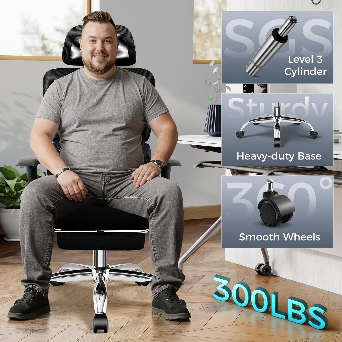 TECHREST Ergonomic Office Chair with Footrest, Big and Tall Home Desk Chair, High Back Rolling Computer Chair with 3D Arms and Lumbar Support, Comfortable Gaming Chair, Swivel Mesh Chairs, Black