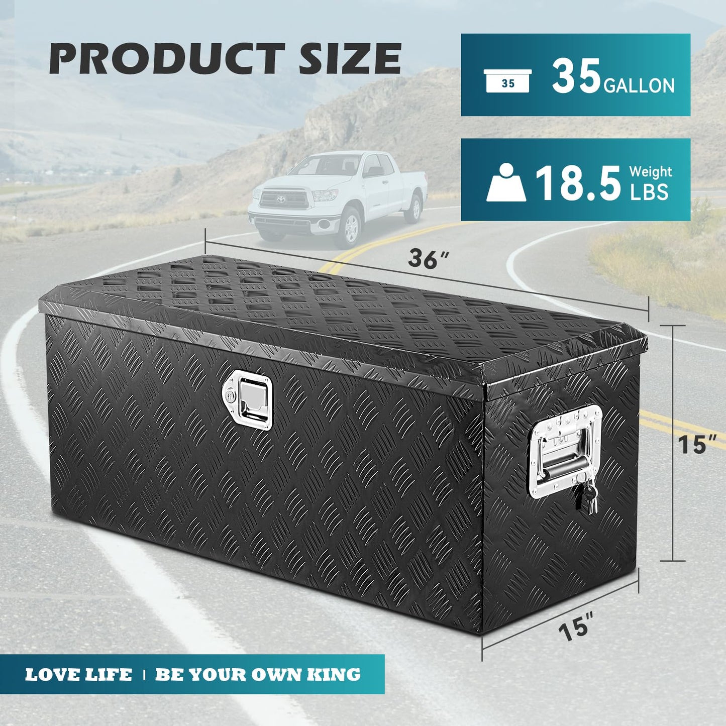 KING CHAO FOO 36" Lx15 Wx15 H Aluminum Tool Box, Heavy Duty Truck Bed Toolboxes with 2 PCS Keys, Upgraded Widest Tool Box Used for Truck Bed Storage,Trailers,Pickup,RV, All-Weather Use