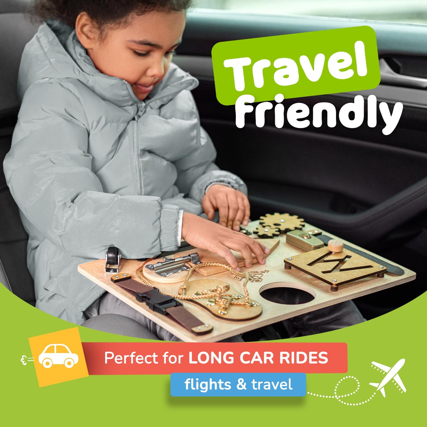 deMoca Sensory Busy Board for Toddlers, Premium Wooden Toddler Busy Board for 1 2 3 Year Old with 10 Educational Activities for Fine Motor Skills, Fidget Activity Toy for Travel