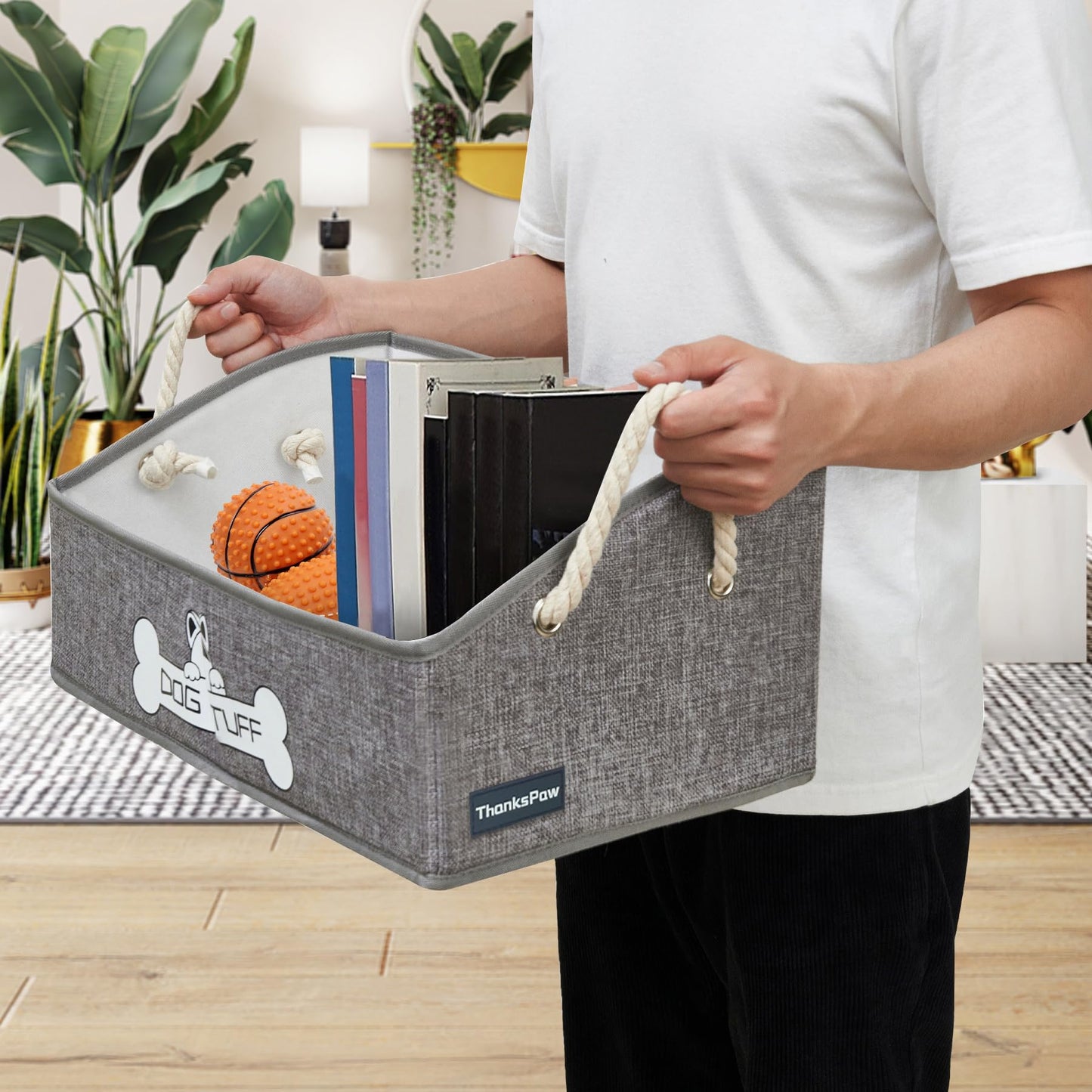 Thankspaw Collapsible Fabric Dog Toy Box and Storage Bin With Handle - Trapezoid Basket Chest Organizer for Pet Toys, Blankets and Accessories