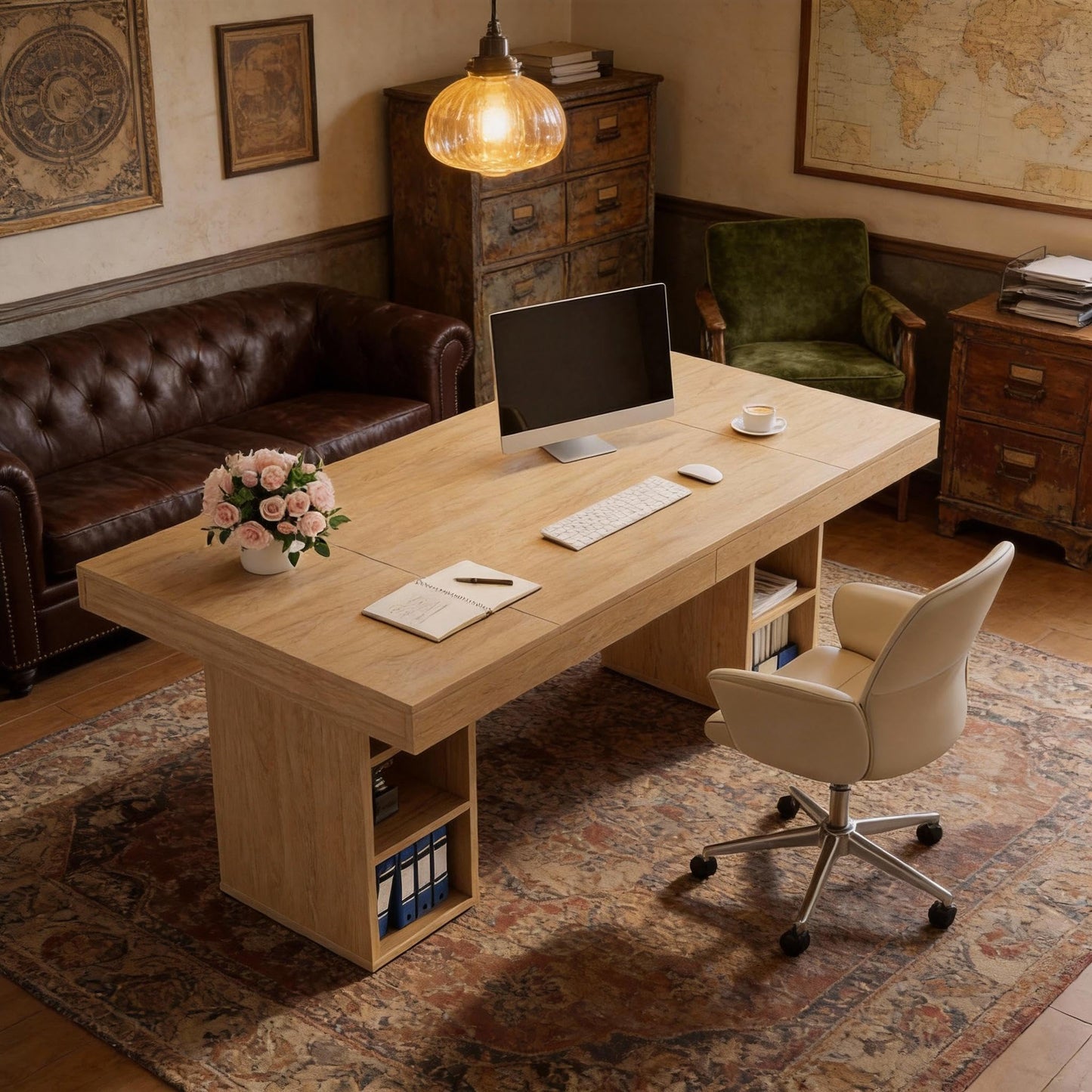IDEALHOUSE 63”Executive Desk with Cabinet Storage, Farmhouse Home Office Desk, Wooden Computer Desk with Extra Thickened Tabletop & Metal Frame, for Work Study Writing, Oak
