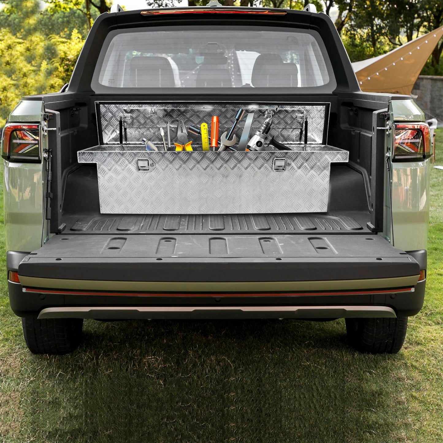 Eivojor 60" Heavy Duty Aluminum Stripes Plated Tool Box Pick Up Truck Bed RV Trailer Toolbox Storage Organizer with Locks and Keys,60"x 12"x 14"-Silver