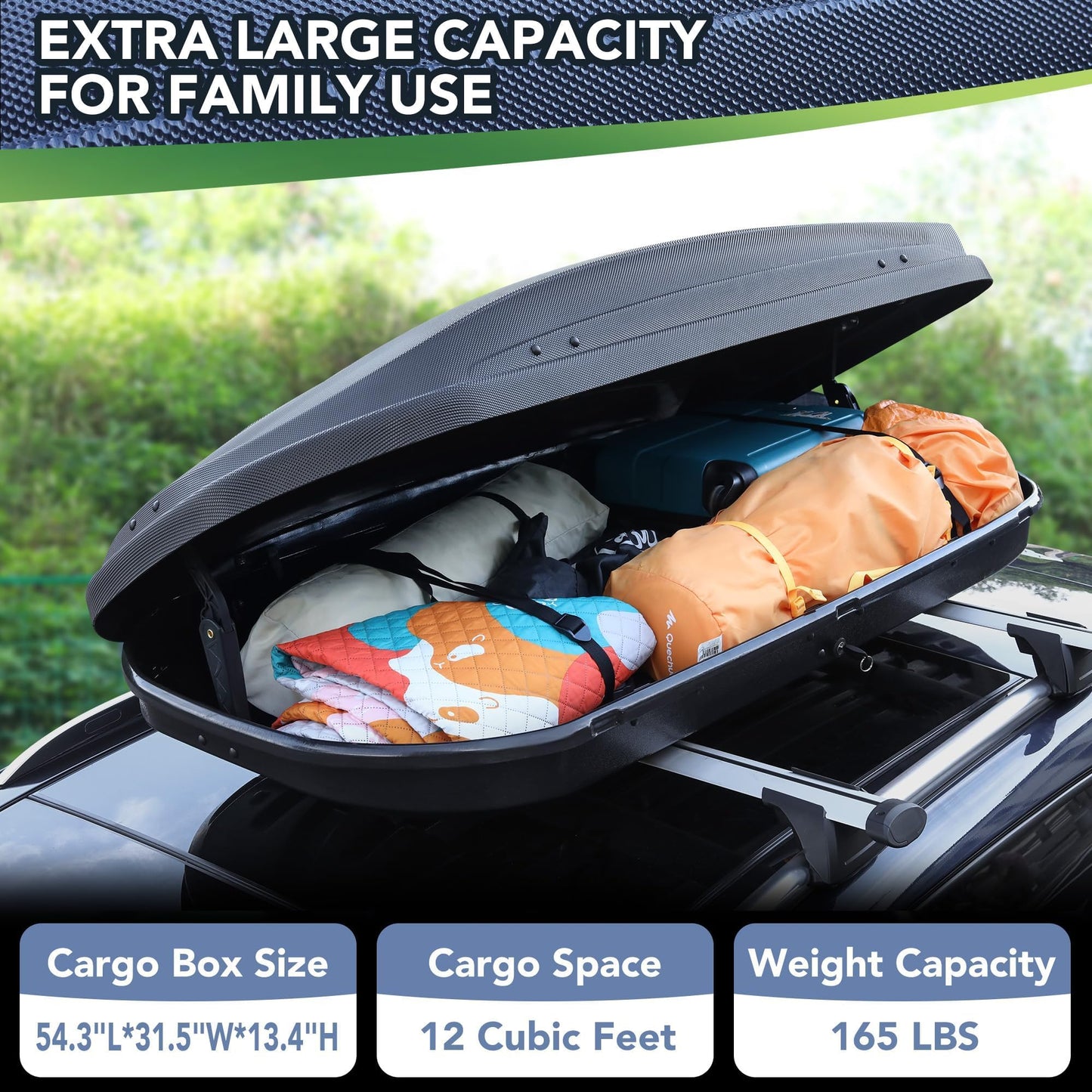 Dual-Side Opening Rooftop Cargo Box Carrier, Roof Mount Travel Luggage Storage with Secure Straps and Keys, 165 lbs Weight Capacity, Hard-Shell Vehicle Carrier, Black