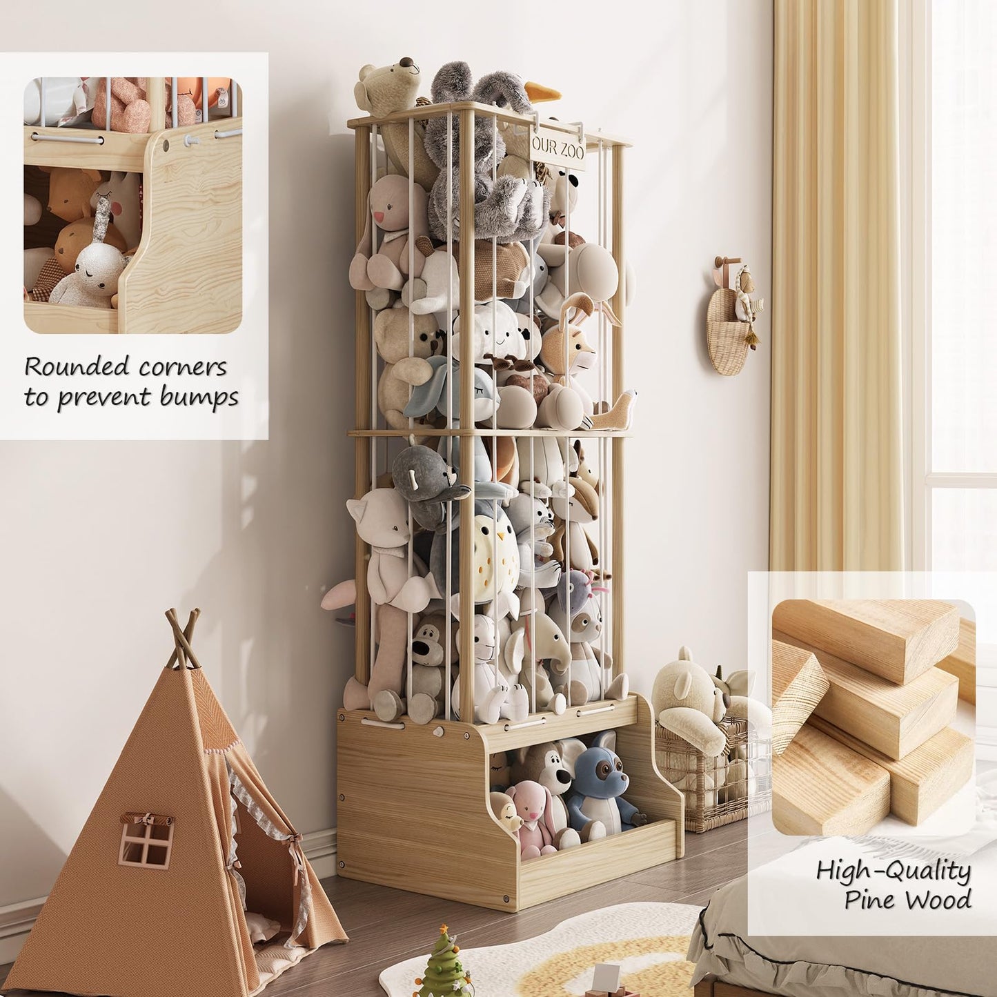 EXPERLAM Stuffed Animal Storage, Wood Stuffed Animal Zoo with Toy Chest, Vertical Stuffed Animal Holder with Thicker Elastic Band, Plushies Storage for Playroom, Living Room, Nurseryroom, Bedroom