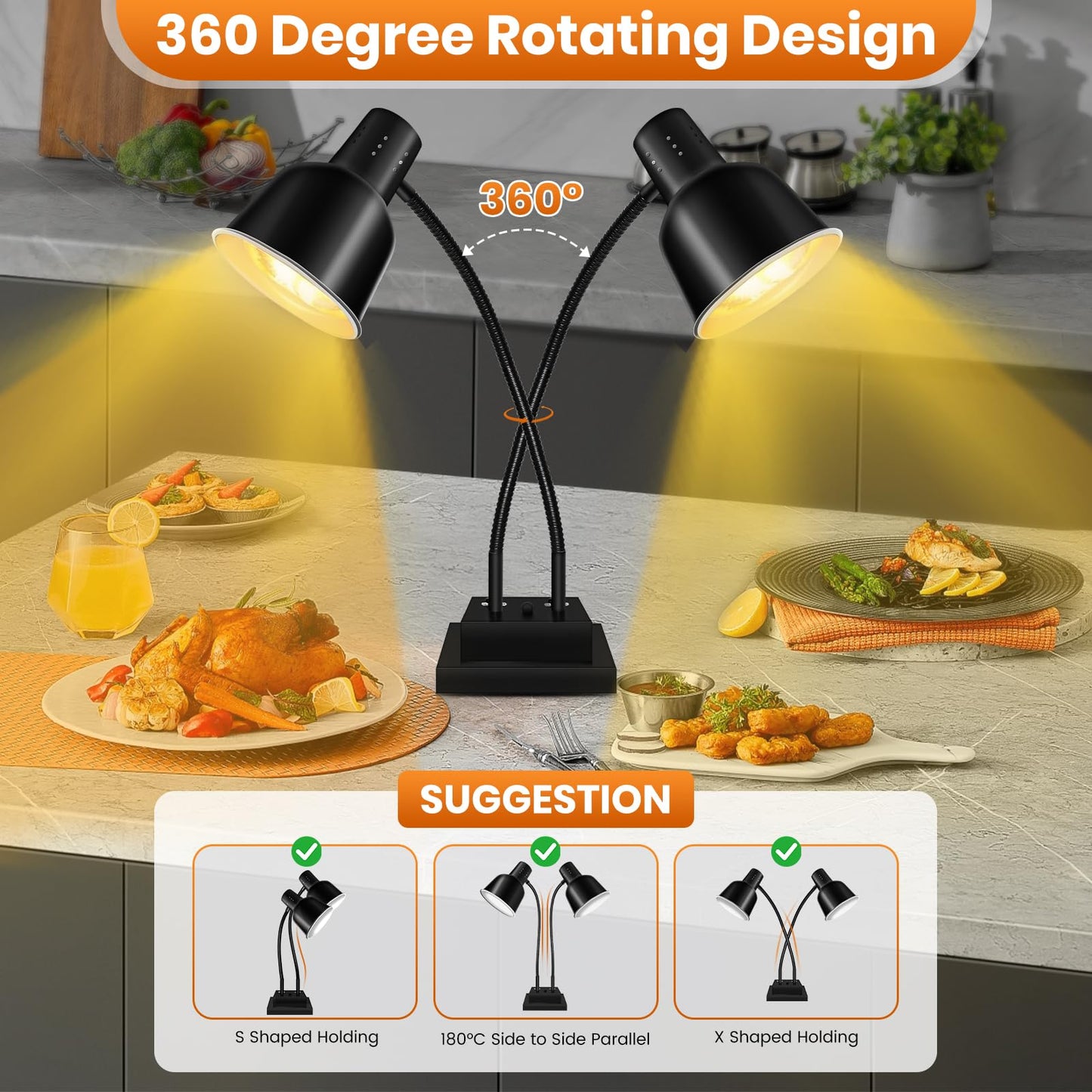 FUXULLACO Food Heat Lamp, Commercial Food Warmer 550W Dual Head Heat Lamp for Food, Stainless Steel Catering Food Warming Lamp for Kitchen Restaurant Cafeteria