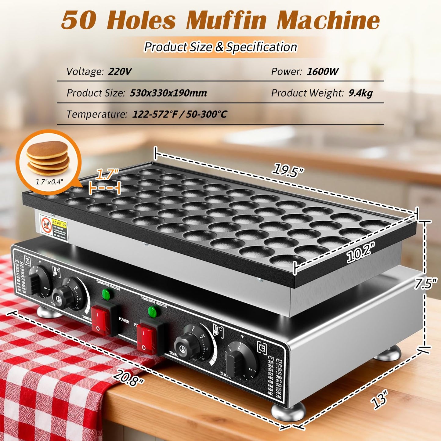 Baotree 50 PCS Commercial Mini Dutch Pancake Maker, 220V 1600W Mini Dutch Pancake Maker, 1.77 Inches Pancake Maker with 2 Thermostats & 2 Timers Separate Control, for Home and Restaurants