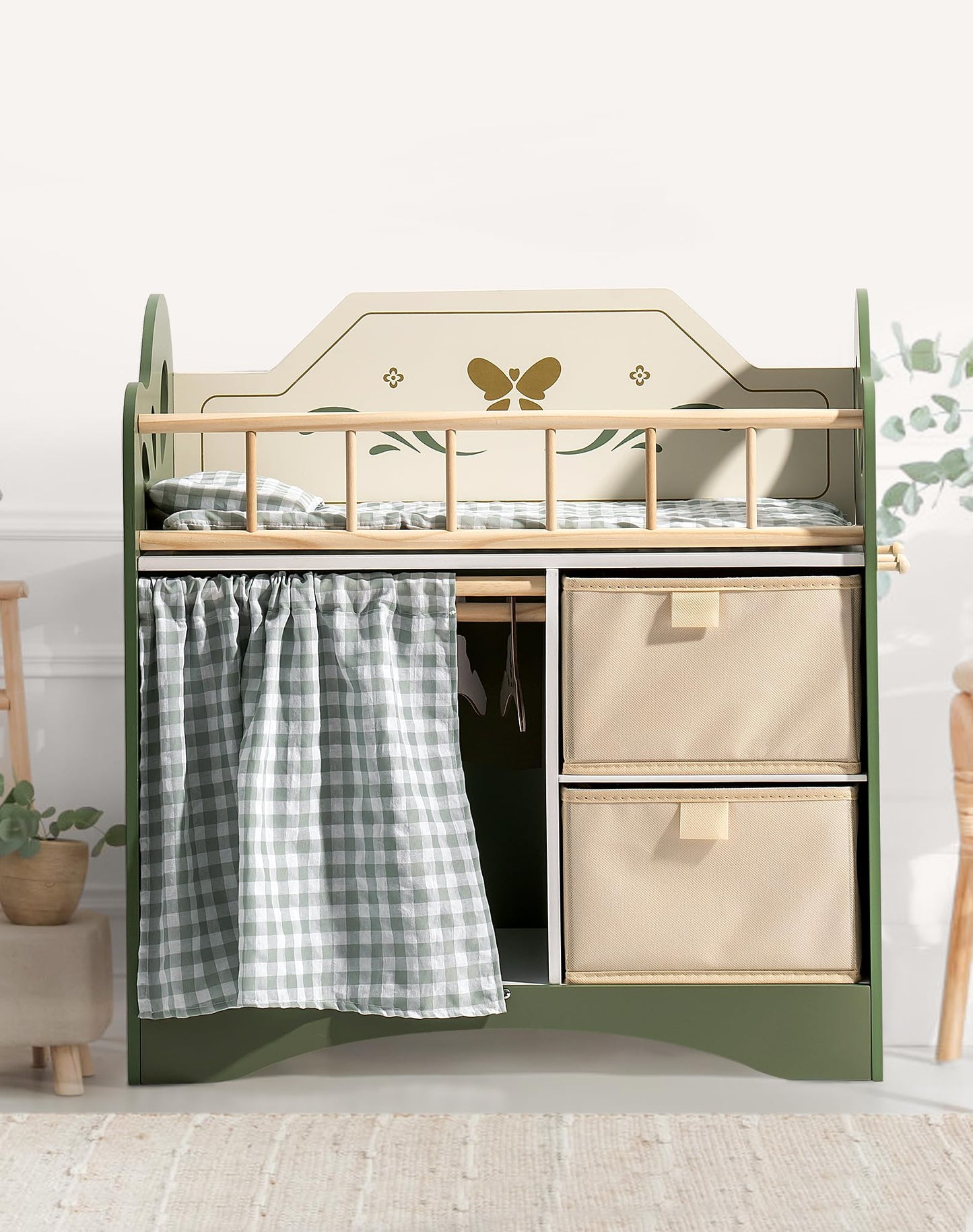 ROBOTIME Baby Doll Crib, Wooden Doll Bed, Toy Baby Crib with Storage, Bedding, and Wooden Hooks, Doll Crib Fits Dolls up to 22’’, Doll Furniture for American Girls Ages 3+ (Green)