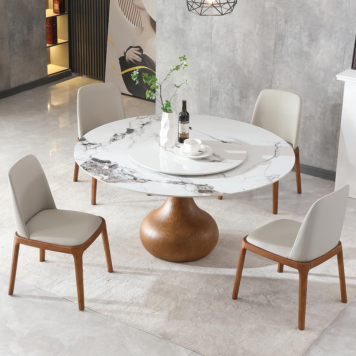 Legendstone Modern Marble Dining Table for 6, 59" Round Sintered Stone Table for Dining Room, Kitchen, Wood Base with Detachable Lazy Susan
