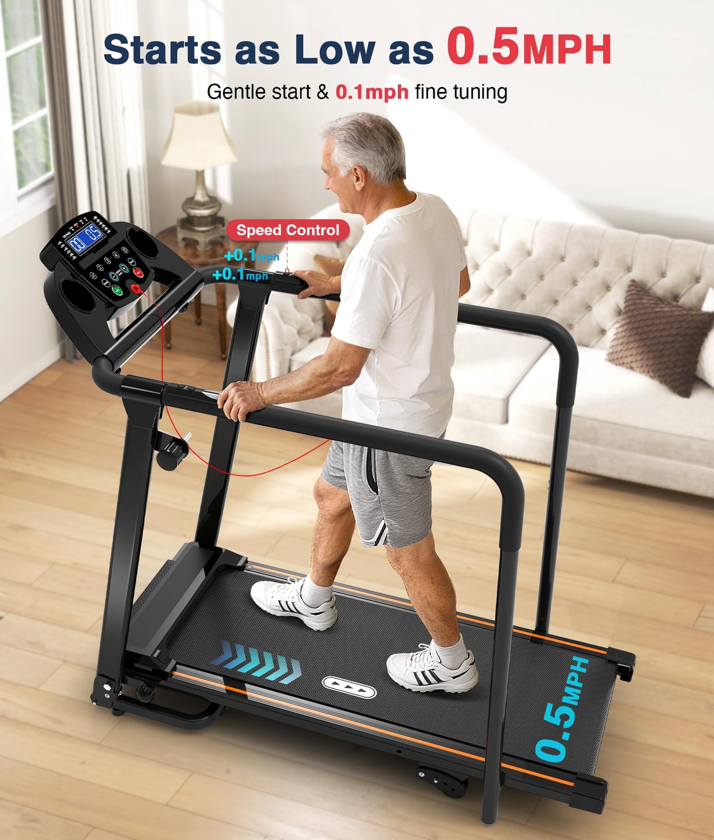 Redliro Treadmill for Seniors with Long handrails - 300 lbs Capacity Walking Treadmill for Seniors with 0%-2% Incline, Foldable, Heart Rate Monitor, Mute Home Recovery Walking Machine for Seniors