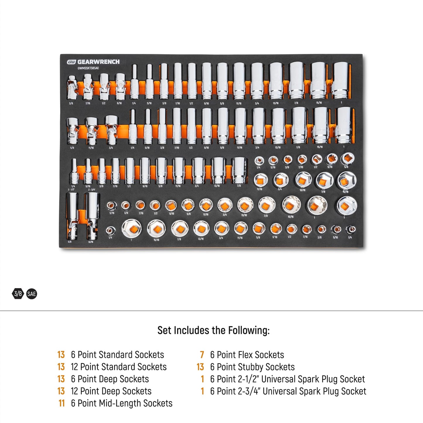 GEARWRENCH 85 Piece 3/8” Drive Master SAE Socket Set in Foam Storage Tray - GWMSSKT38SAE