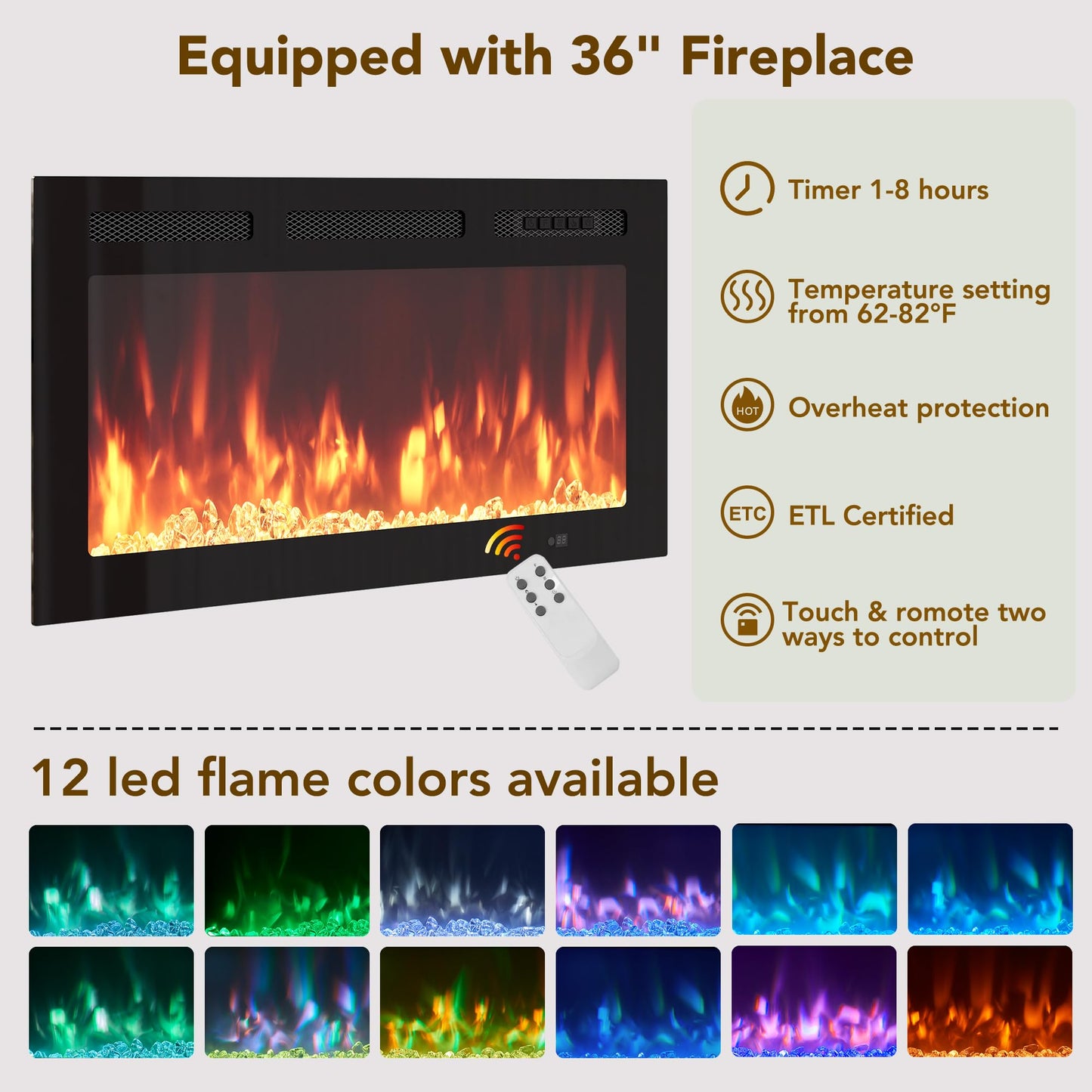 Decofy 70" Fluted Fireplace TV Stand for 80" TV, TV Console Cabinet with Wavy Grain Doors & Adjustable Shelves, Remote & Touch Control Adjustable LED Light, Flame Colors&Temperature for Living Room