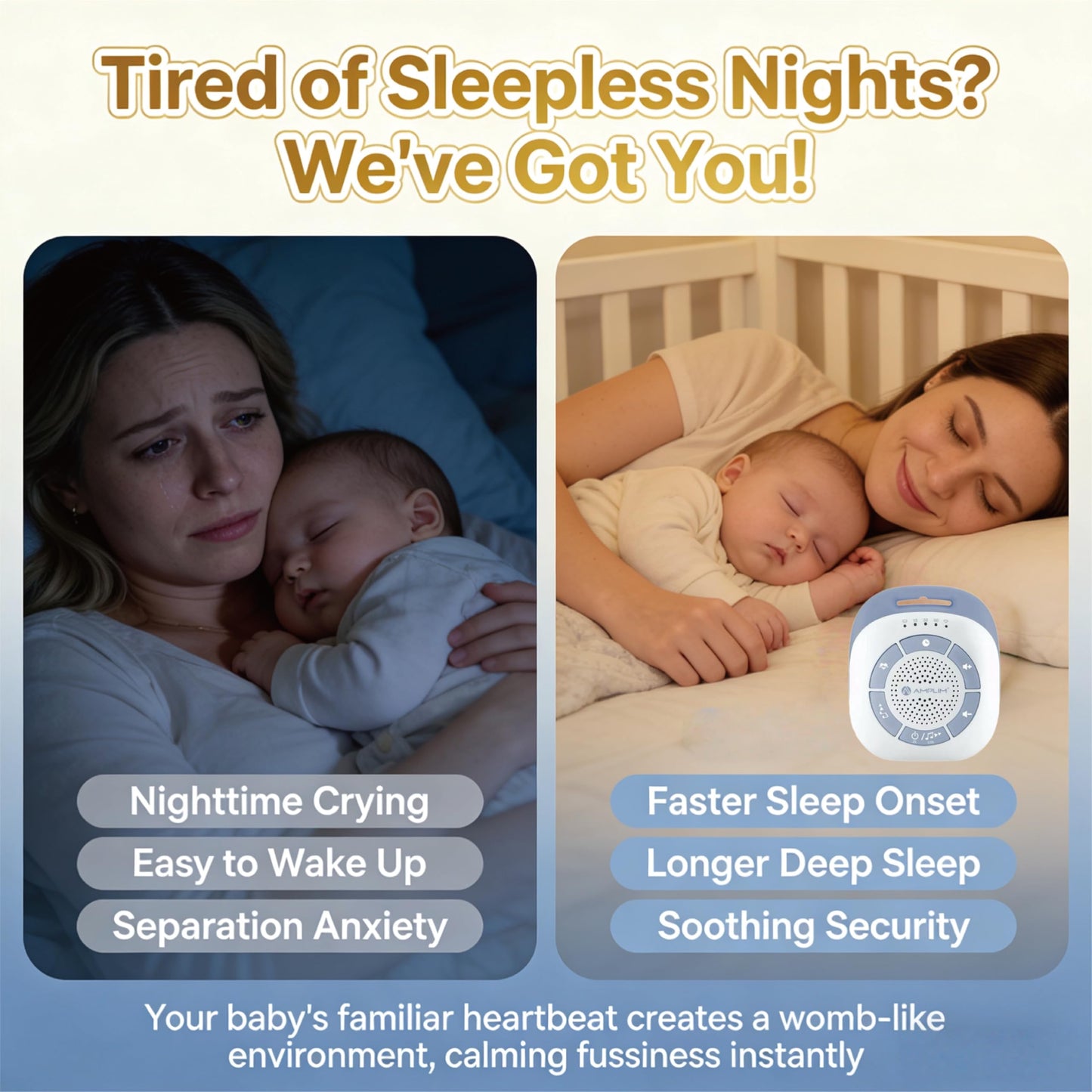 Amplim Mom’s Real Heartbeat Sound Device, Womb Sound Recorder White Noise for Newborn, Soothing Baby Sleep Machine, Rechargeable, Timer & Volume Control, Portable Infant Aid for Faster, Deeper Sleep