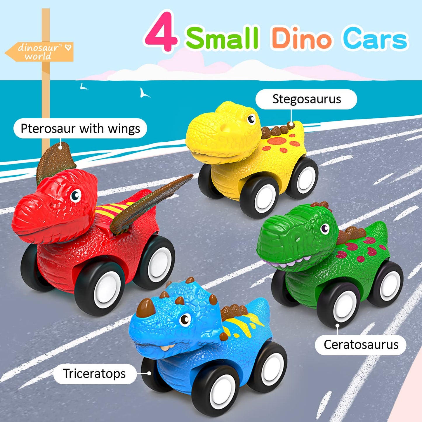 ENJSD Toys for 1 2 3 4 Year Old Boys, 5 in 1 Toys for Ages 2-4 with 4 Dinosaur Toy for Kids 3-5, Friction Powered Kids Boy Toddler Gifts with Flashing Light & Sound