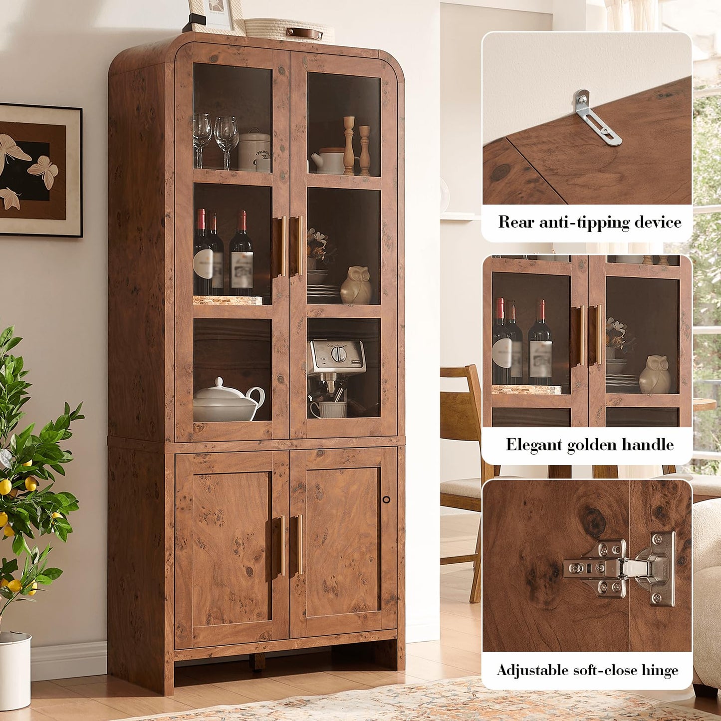 EliteSet 77" Tall Kitchen Pantry Cabinets, Wooden Curved Storage Cabinets with 2 Adjustable Shelves, 1.18'' Panel Freestanding Cupboard for Dining Room, Living Room, Bathroom, Dark Burl, 1Pcs