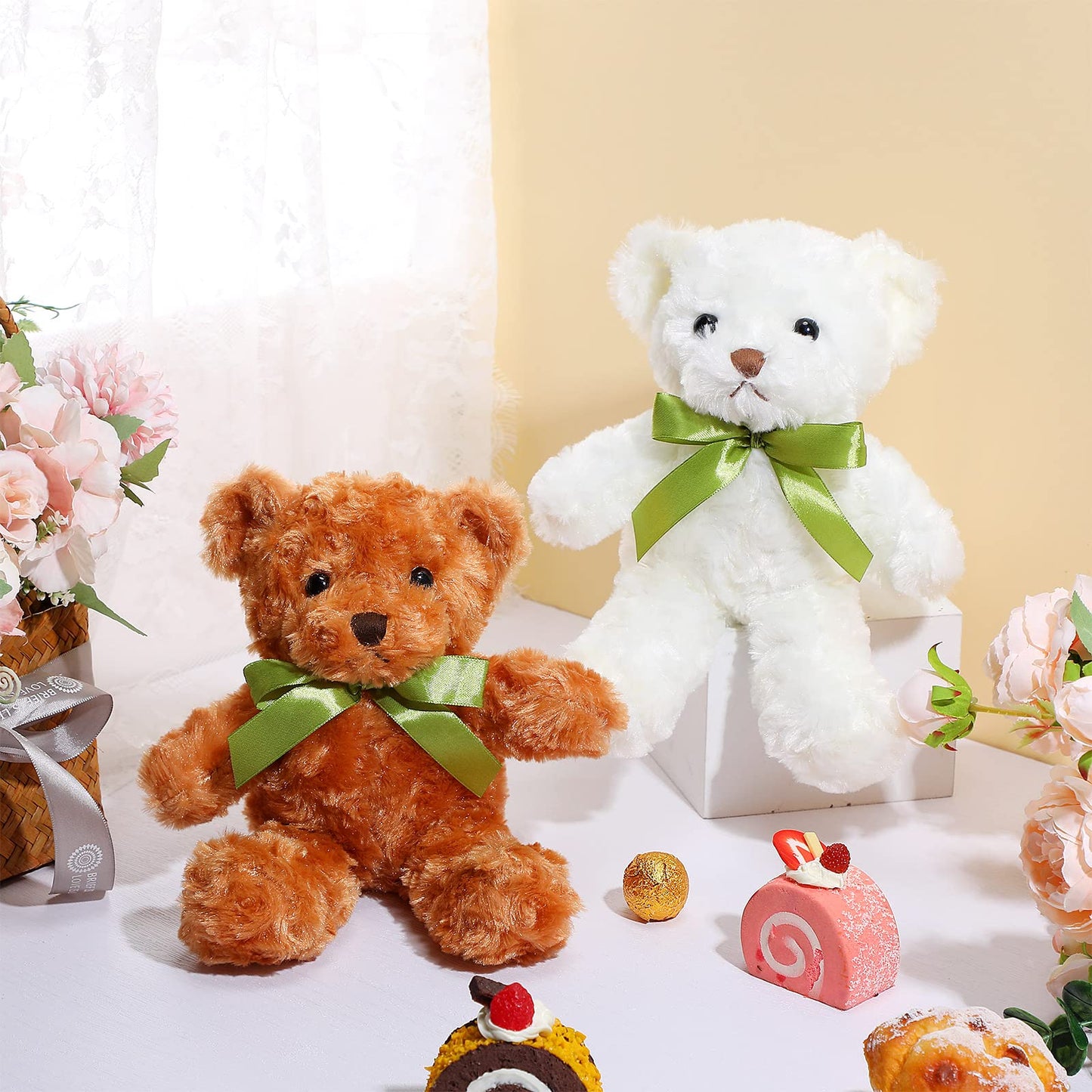 HyDren 24 Pcs Bear Bulk Plush Stuffed Animals 10 Inch Cute Soft Stuffed Bear with Green Bow for Kids Mother Birthday Gift Holiday Party Baby Shower Valentine Christmas(Light Brown, White)
