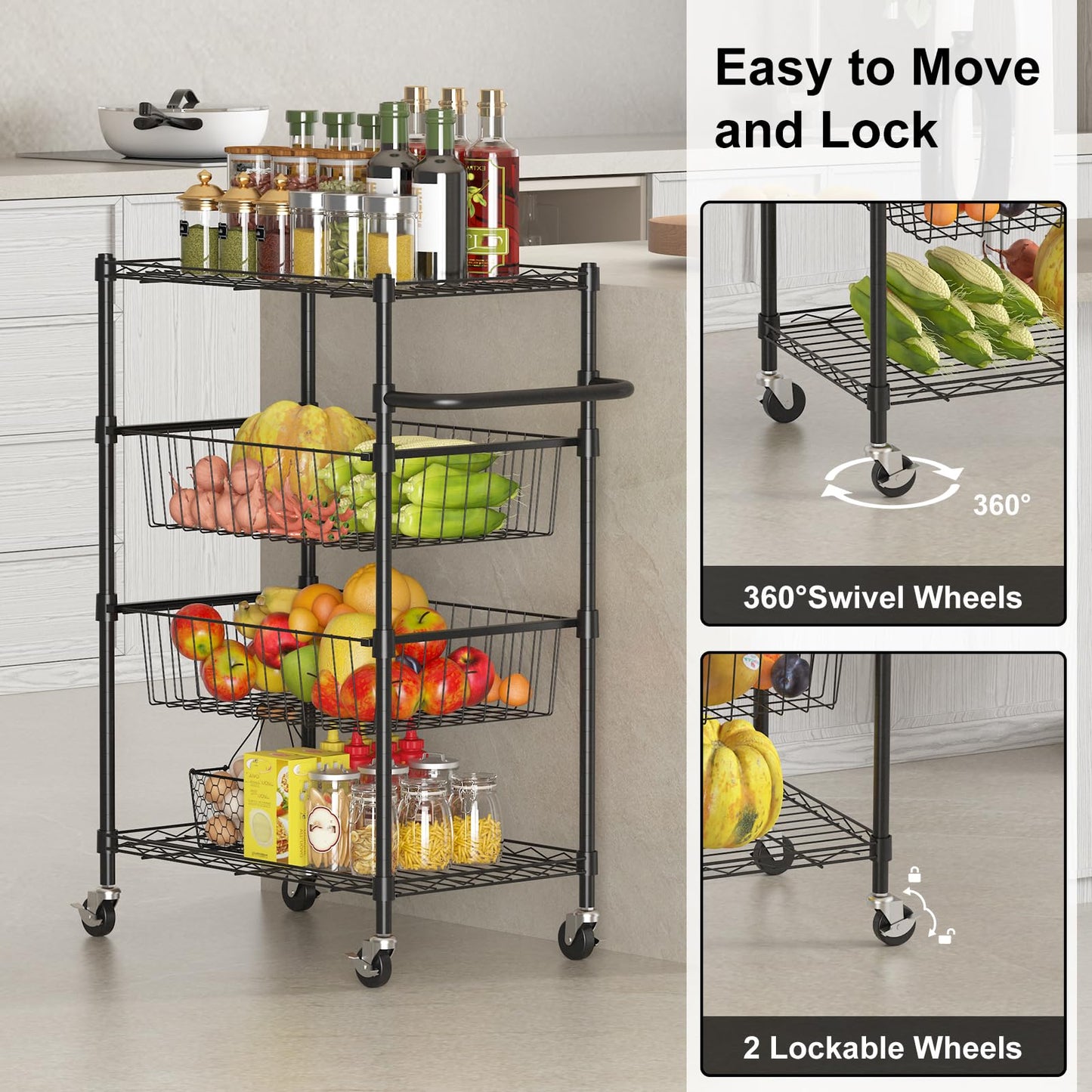 LinTimes 4 Tier Rolling Cart, 110 LB Capacity, Locking Casters & Handle Bar, Wire Storage Rack for Kitchen, Restaurant, Garage, Black