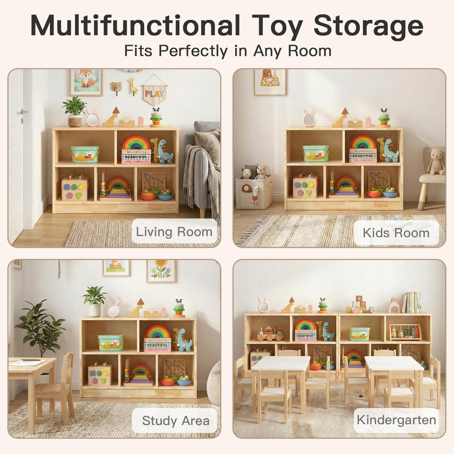 PTINFLUCE Rubber Wood Montessori Shelf, Wooden Toy Storage Organizer for Books Toys, 2 Shelf Bookcase, 5-Section Storage Cabinet, Toddler Book Shelf for Kids Rooms, Playroom, Nursery, Kindergarten