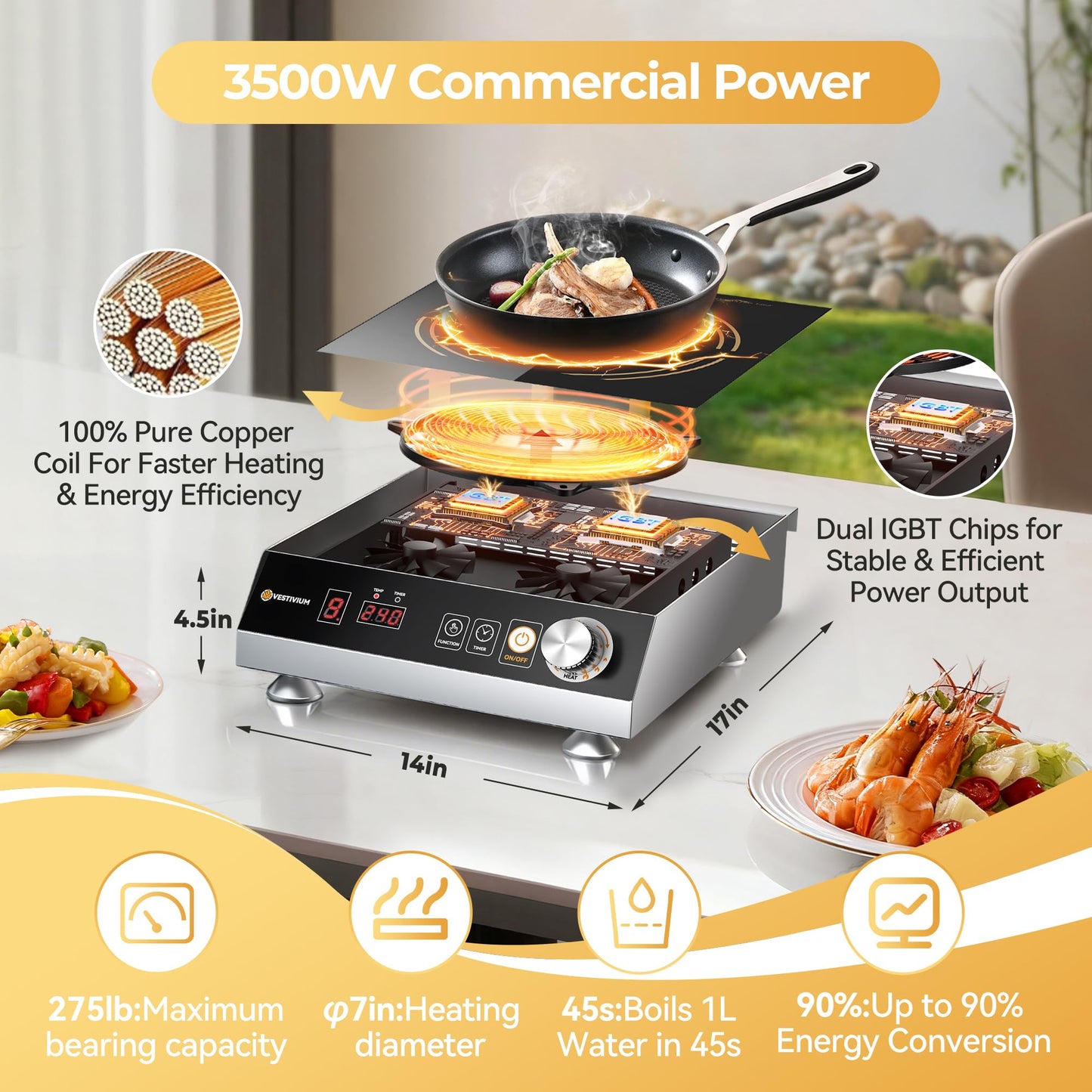 VESTIVIUM Commercial Induction Cooktop 3500W/220V, Professional Portable Countertop Burner, 9 Power/Temp Levels Dual Cooling Fans IPX4 Waterproof 72H Continuous Use, Overheat Protection
