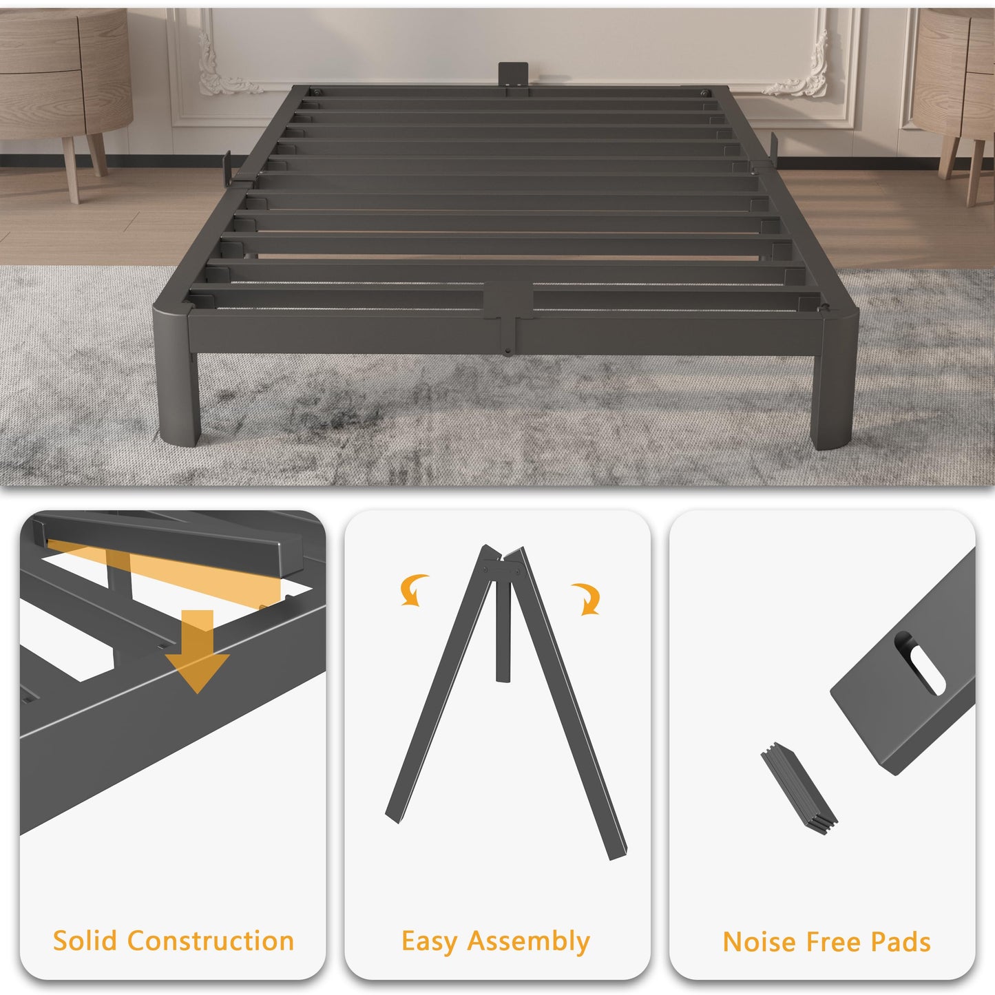 HQU 6 Inch Twin Size Bed Frame with Metal Gaskets, No Box Spring Needed, DIY Headboard, Heavy Duty Steel Slat Support, Anti-Slip Mattress Stopper, Round Corner Leg, Easy Assembly, Black