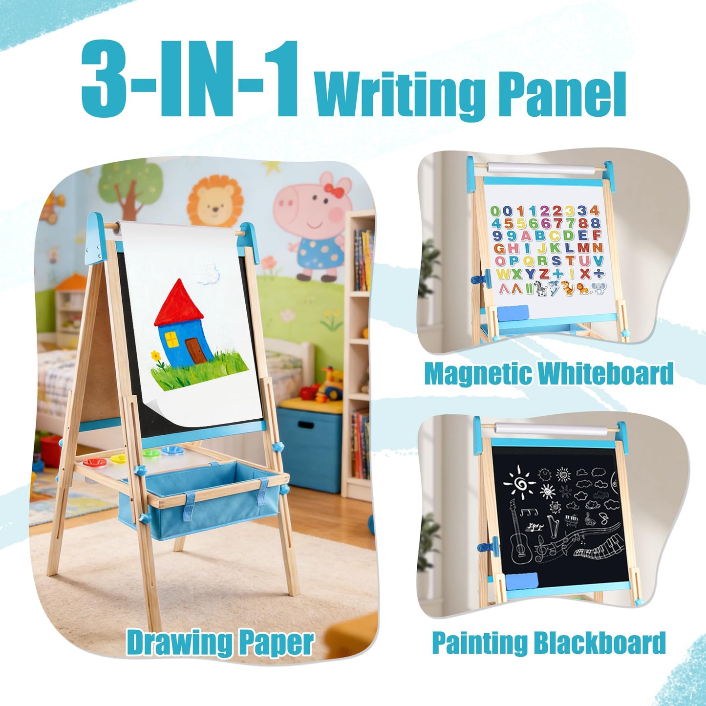 Wooden Easel for Kids, Adjustable Kids Art Easel, Learning Toy for Boys and Girls Ages 3-4 4-8 8-12, Wooden Blackboard & Magnetic Whiteboard and Drawing Paper Holder, 2 Drawing Paper Roll