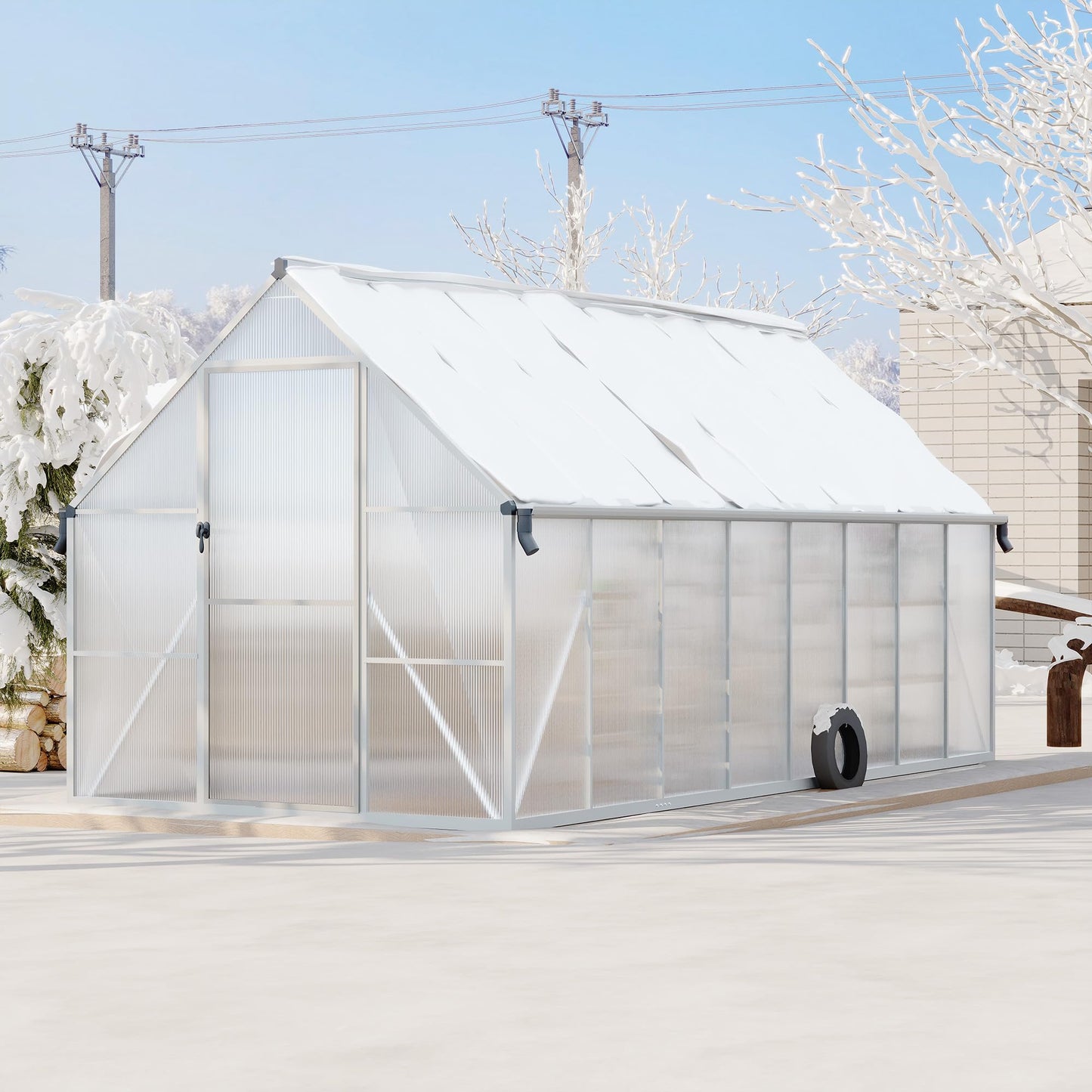 8X16 ft Polycarbonate Greenhouse with Aluminum Frame, Polycarbonate Greenhouse for Outdoors, Greenhouses with Ventilation and Rain Gutter, Aluminum Large Walk-in Greenhouses for Outside