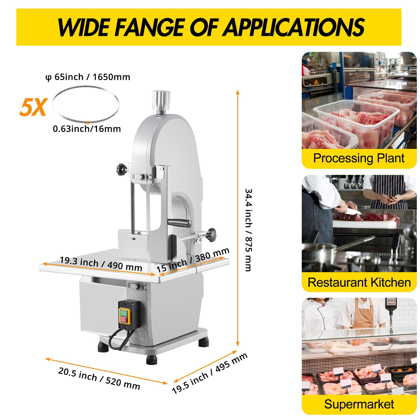  1100W Commercial Electric Meat & Bone Band Saw with Stainless Steel Table (19.3"x15"), Adjustable Thickness 0.16-7.9", Frozen Meat Cutter Includes 5 Blades – Ideal for Butcher Shops, Restaurants, Ho