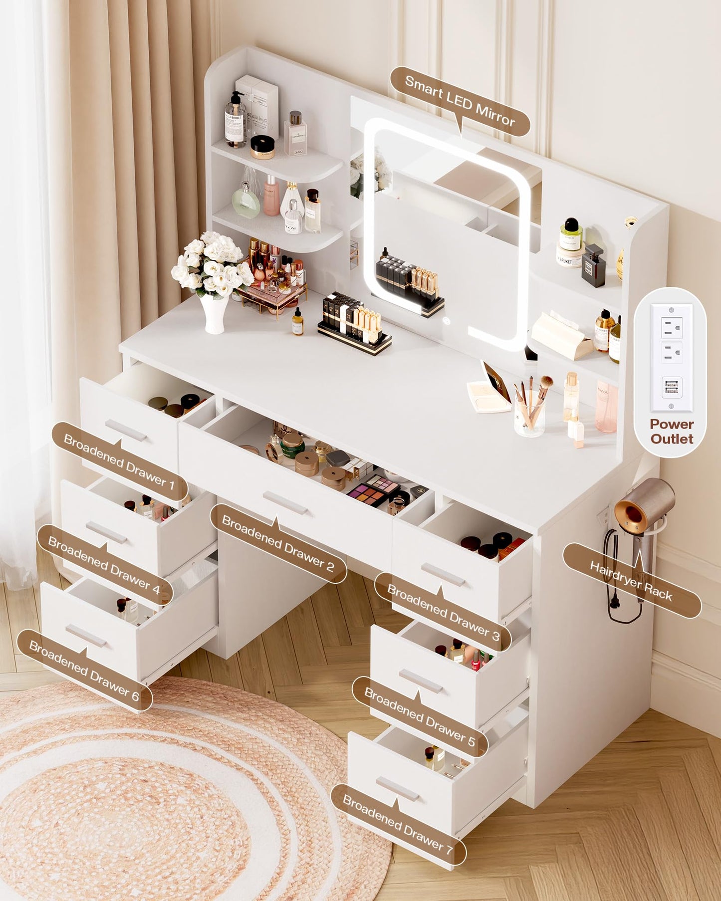 LIVELYGLOW White Large Makeup Vanity Desk with Smart LED Mirror & Power Station, 43" Professional Dressing Table with 7 Drawers, 4 Open Shelves & Hairdryer Holder for Bedroom