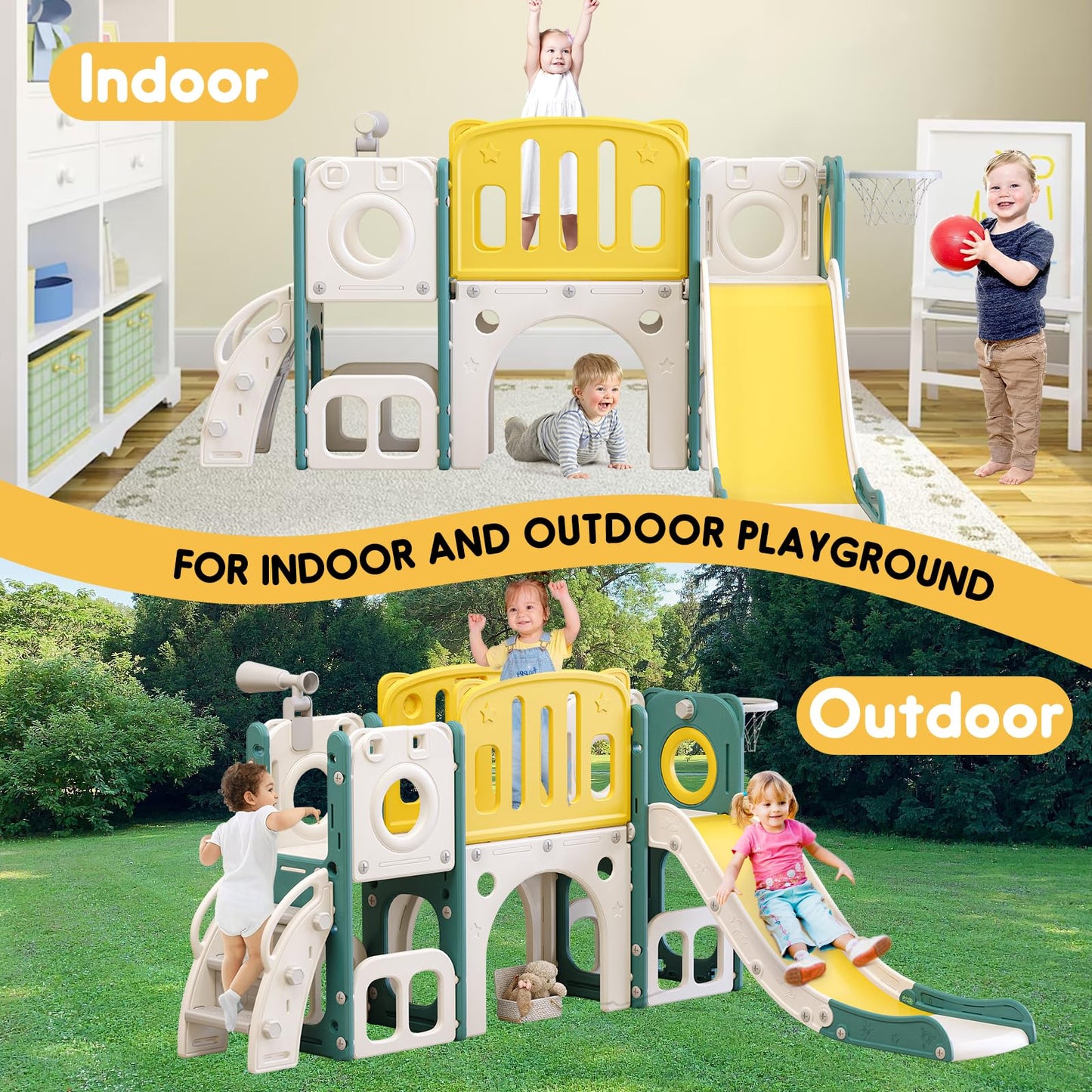 MOCUTEEN 8-in-1 Toddler Climber and Slide Playset with Basketball Hoop - Indoor/Outdoor Playground Gym Activity Center for Kids