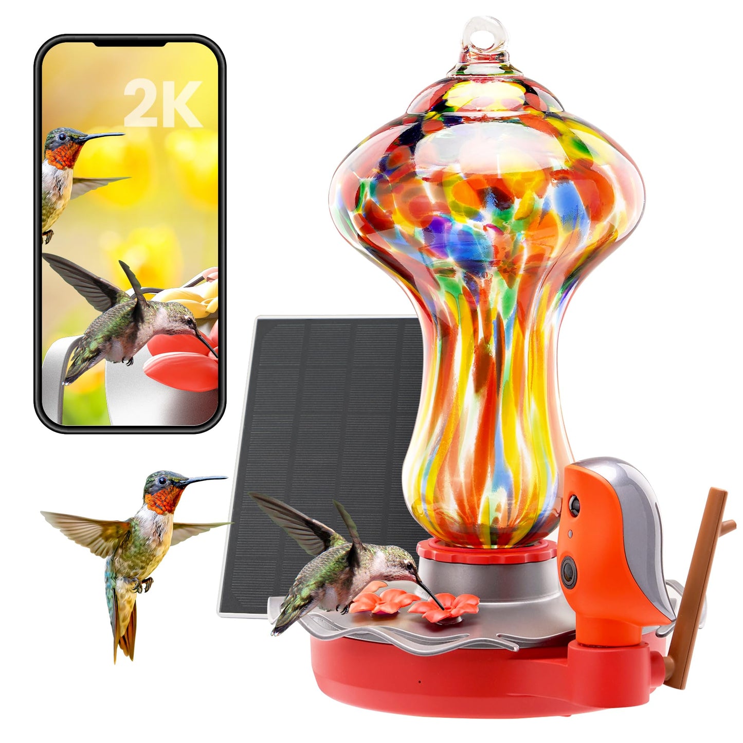 TT Nature Glass Smart Hummingbird Feeder with Camera Solar Powered 2K- AI Identify & Water Detection, Instant Notification, Leakproof & Ant Moat, Compatible with Alexa & Google Assistant