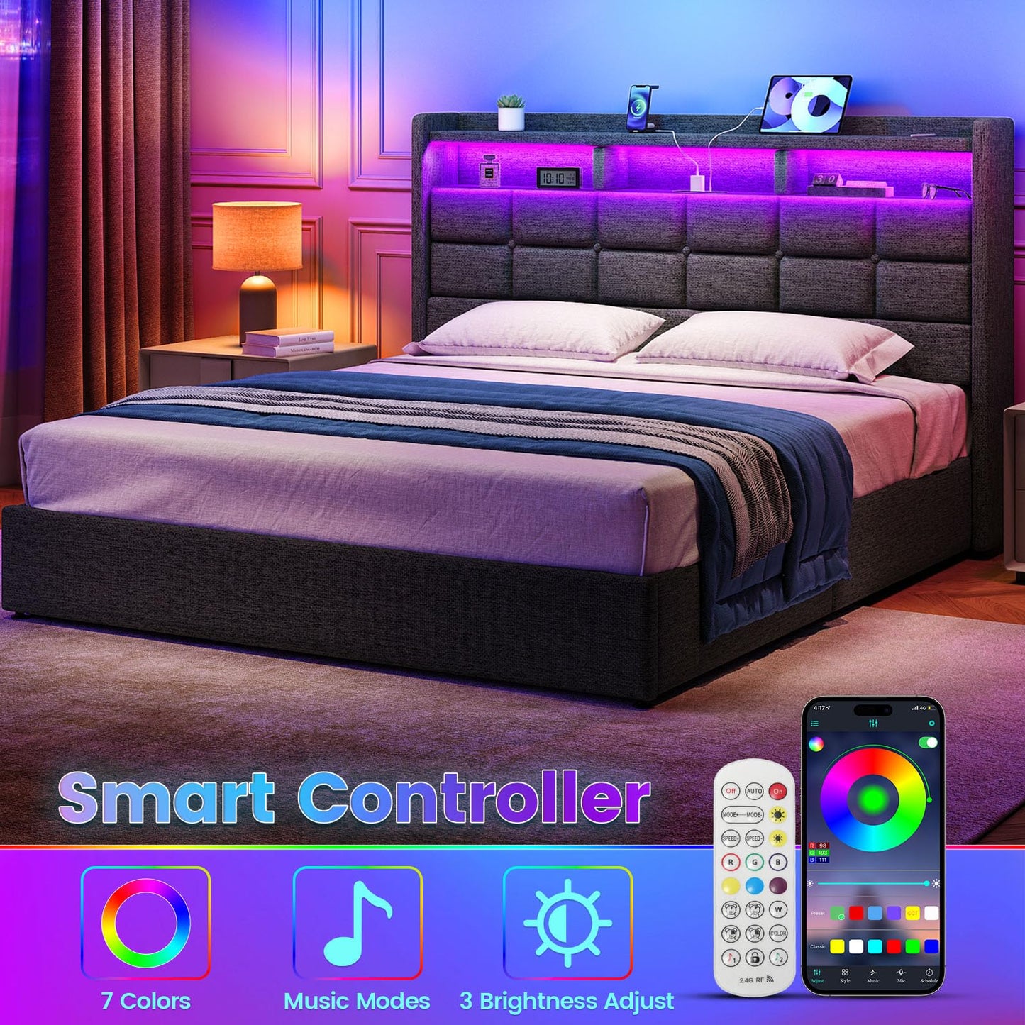 Driftalia Lift Up Queen Bed Frame with Storage, Upholstered Bed Frame Queen Size with LED Lights Headboard and Charging Station, No Box Spring Needed, Easy Assembly - Dark Grey