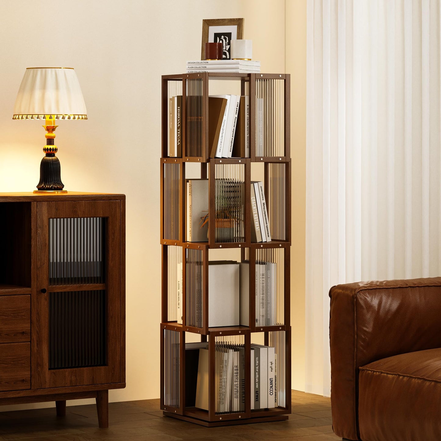 BAMEOS Rotating Bookshelf Tower 4 Tier, 360 Spinning Bookcase with Solid Wood Frame & Bamboo Finish, 4-Component Easy Assembly Corner Book Shelf for Small Spaces, Office, Bedroom, Living Room