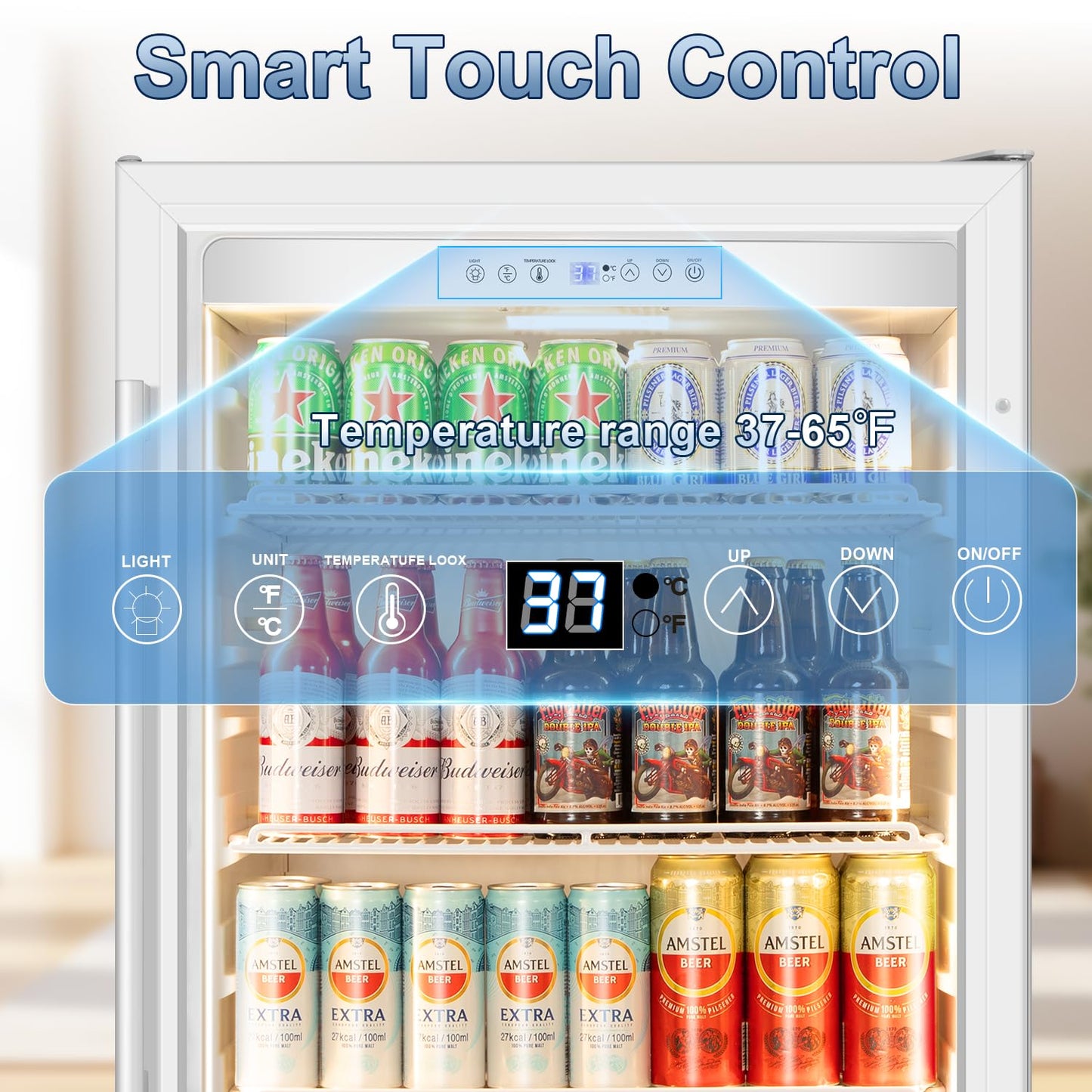 Velivi Beverage Refrigerator, 4.9 Cubic Feet Undercounter/Freestanding 24 Inch Beverage Fridge with Glass Door, LED Light, Safety Lock, Touch Control, Low Noise (White)