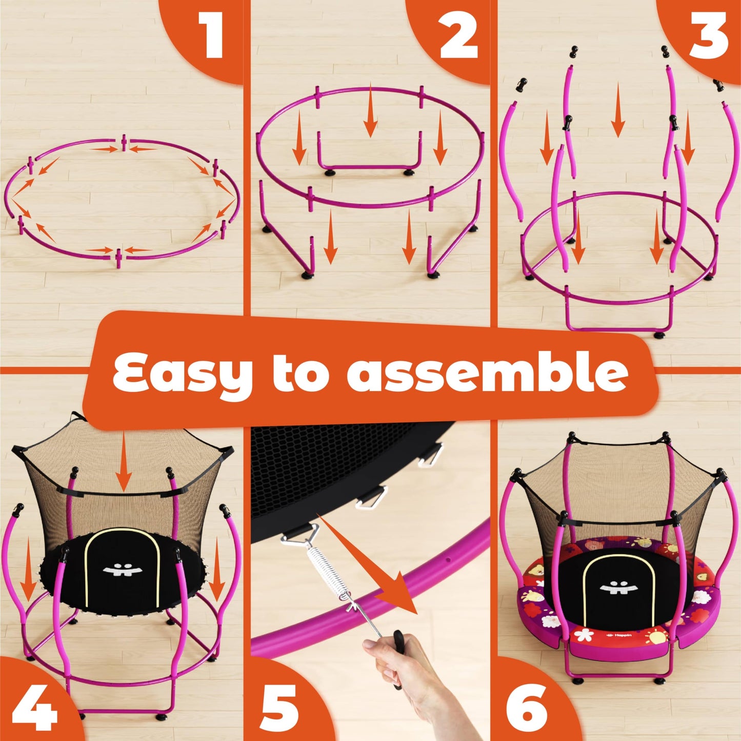 Happin® 55'' Toddler Trampoline Indoor & Outdoor with Safety Enclosure, 5FT Recreational Trampoline for Kids, Ages 1-8 with Basketball Hoop, No-Gap Design, Toddler Gift for Boy & Girl