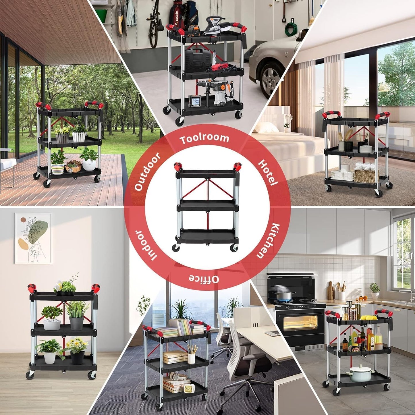 3 Tier Rolling Cart, 167 Lbs Foldable Utility Service Cart, Portable Utility Cart with Lockable Universal Wheels, No Installation Required, Suitable for Warehouse, Garden, Office, Kitchen