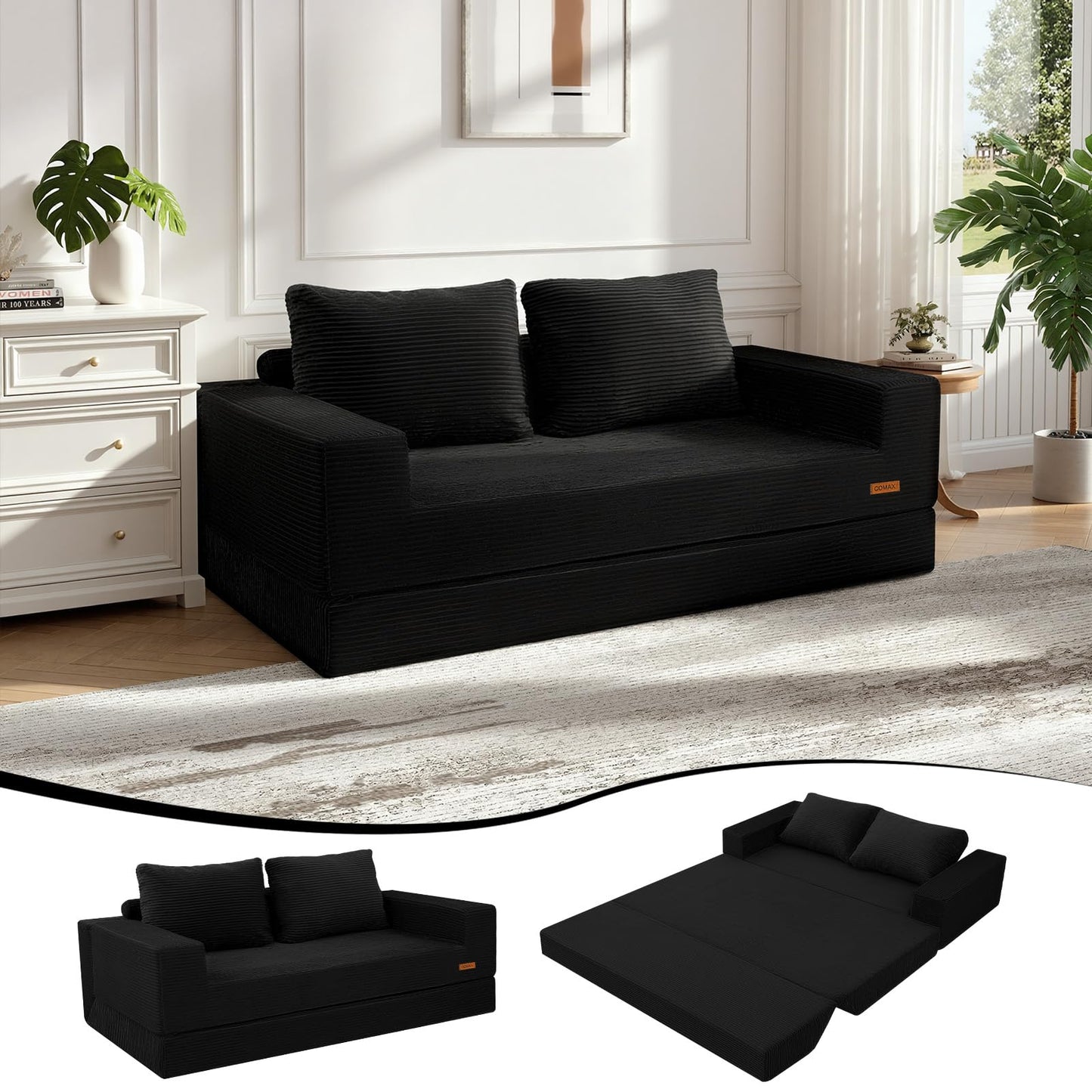 COMAX Convertible Sofa Bed Queen, Corduroy Folding Floor Couch Pull Out Couch Bed Futon Sleeper with Pillows, Fold Out Boneless Sofa Comfy Lounge Mattress Loveseat for Living Room Bedroom, Black