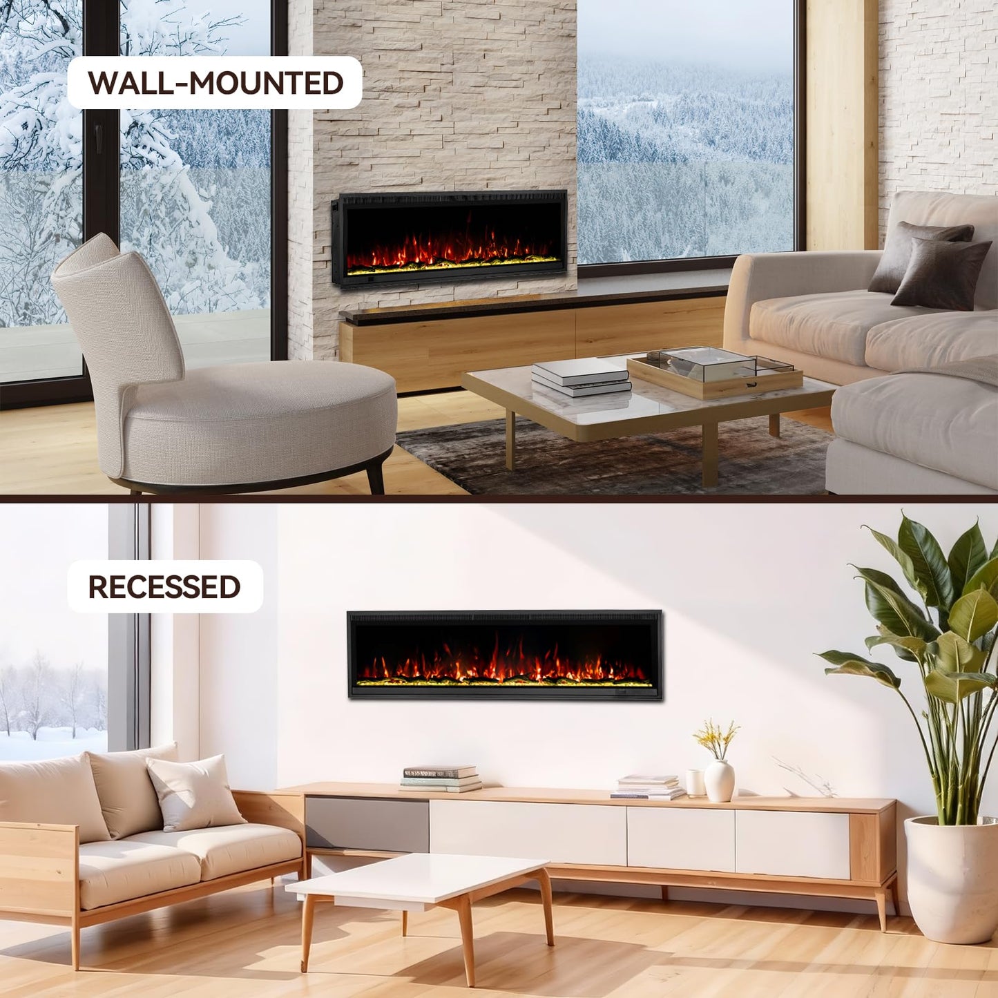 60" Linear Electric Fireplace Heater Insert: Ultra-Narrow Frame Wide Screen, 13 Flame & Ember Colors, 3 Top Light Colors. Wall Mount/Recessed,1500W/750W with Remote & Touch Control, Log & Crystal Set
