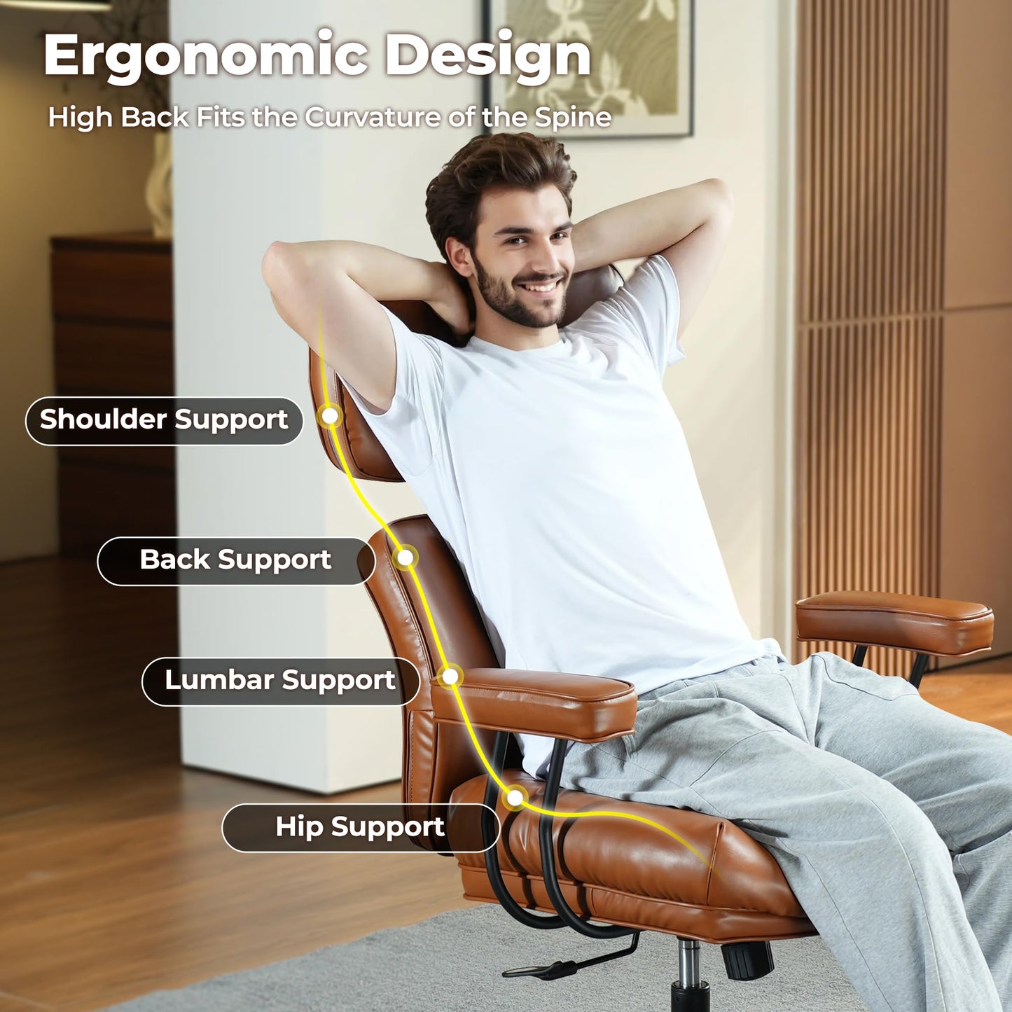 ovios Ergonomic Office Chair, Mid-Century Modern Faux Leather Executive Chairs with Thick Cushion, Comfy High Back Swivel Rolling Computer Armchair (Brown, PU Leather)