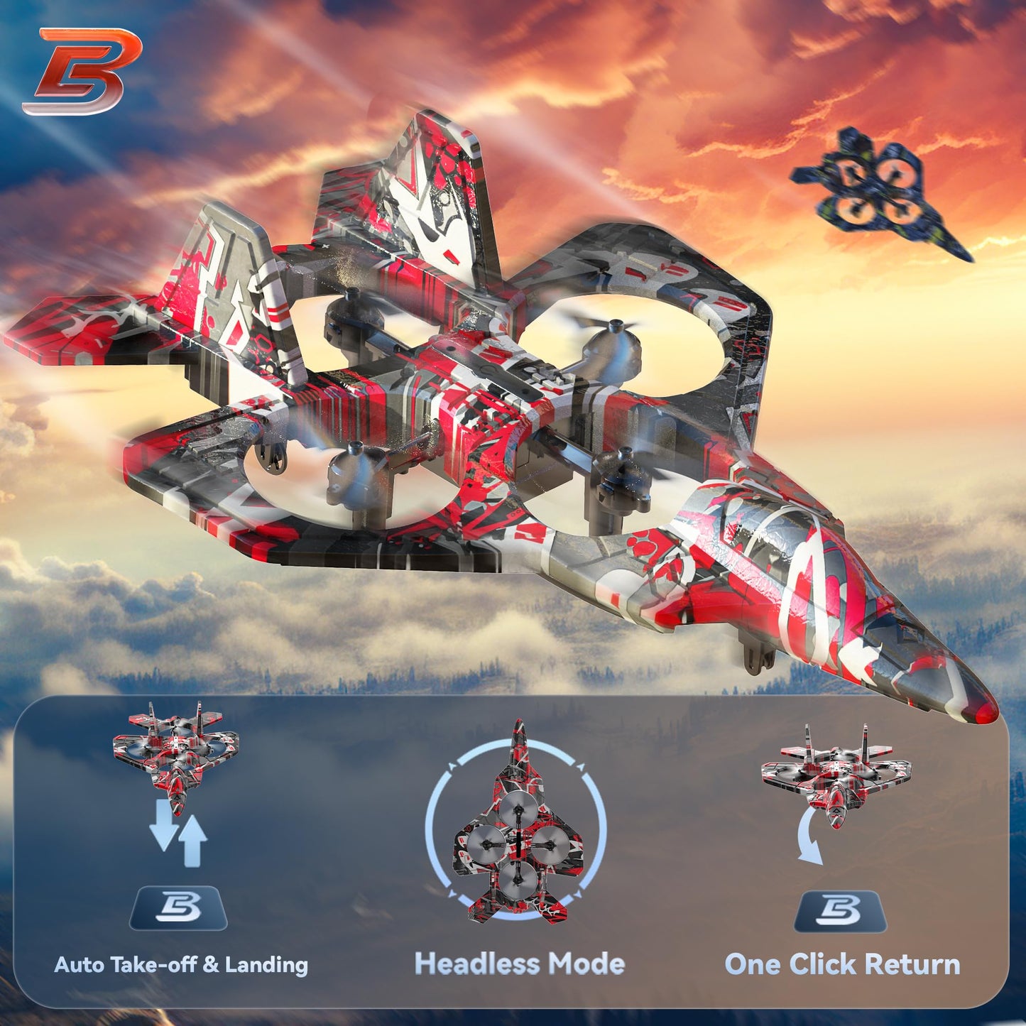 BEZGAR RC Plane, Foam Remote Control Airplane, Drone for Kids, RC Aircraft for Boys and Girls, Fighter Jet Helicopter with LED Lights, Altitude Hold, 360° Flip Stunt Rotation, Toy Airplane Red