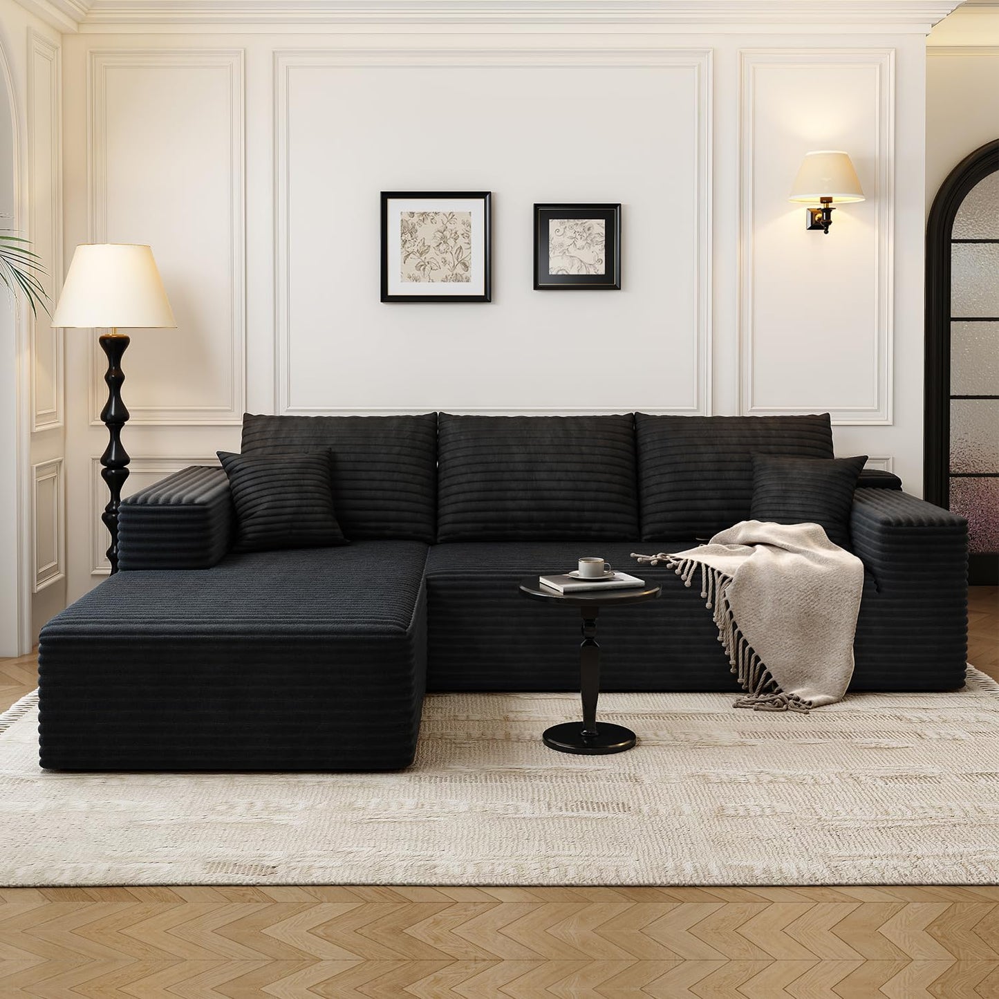 107.5" Cloud Modular Sectional Sofa Couch with L-Shape Chaise,Modern Minimalist Upholstered Couches for Living Room Bedroom,Deep Seat Corner Couch，No Assembly Required (Black,Left Facing Chaise)