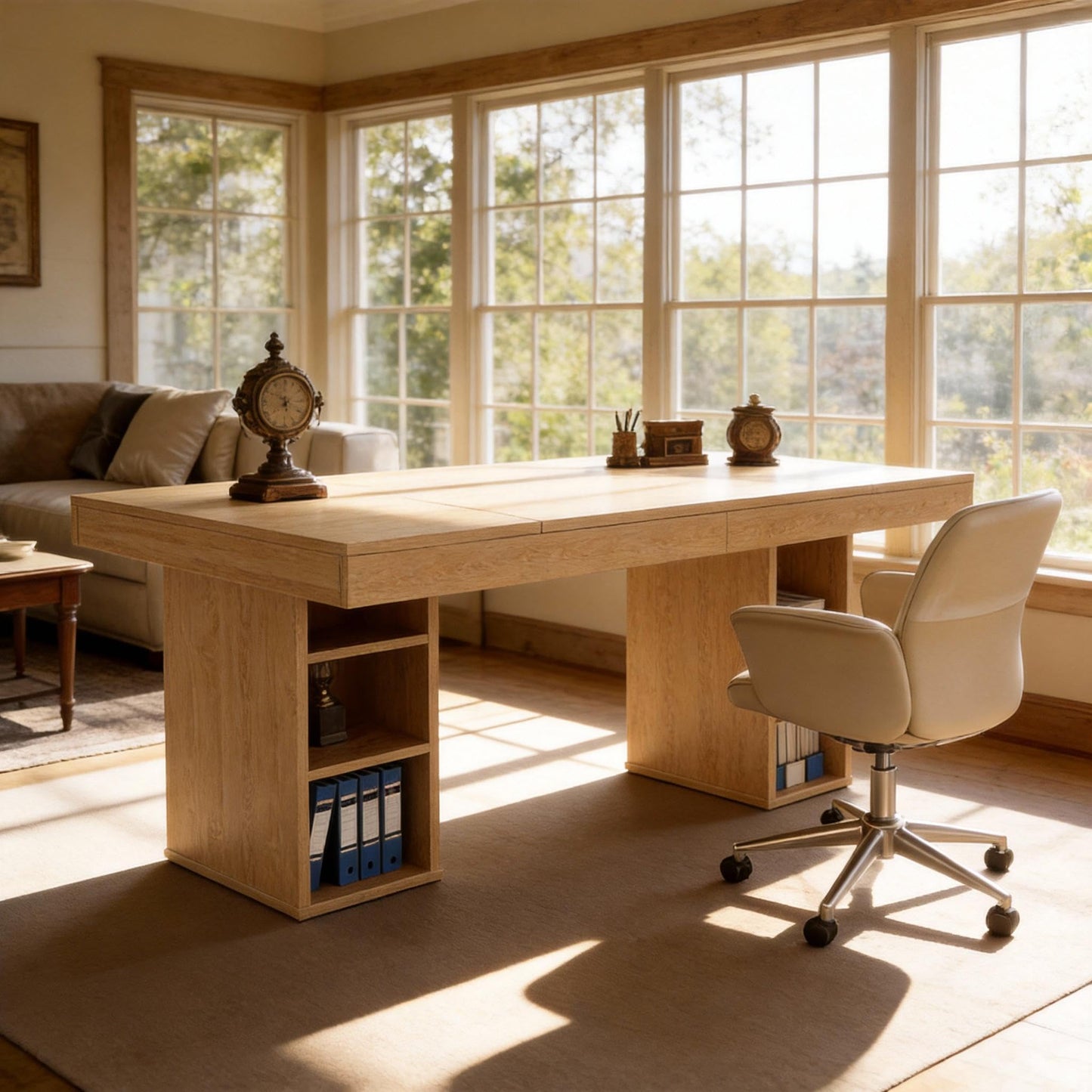 IDEALHOUSE 63”Executive Desk with Cabinet Storage, Farmhouse Home Office Desk, Wooden Computer Desk with Extra Thickened Tabletop & Metal Frame, for Work Study Writing, Oak