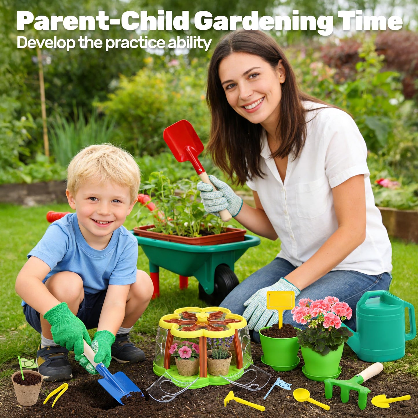 CUTE STONE Kids Gardening Set, Plant Growing Kit with Wheelbarrow, 3 Metal Garden Tools & Kids Grow House with Upgraded Irrigation, Outdoor Indoor STEM Toys for Toddlers 3+