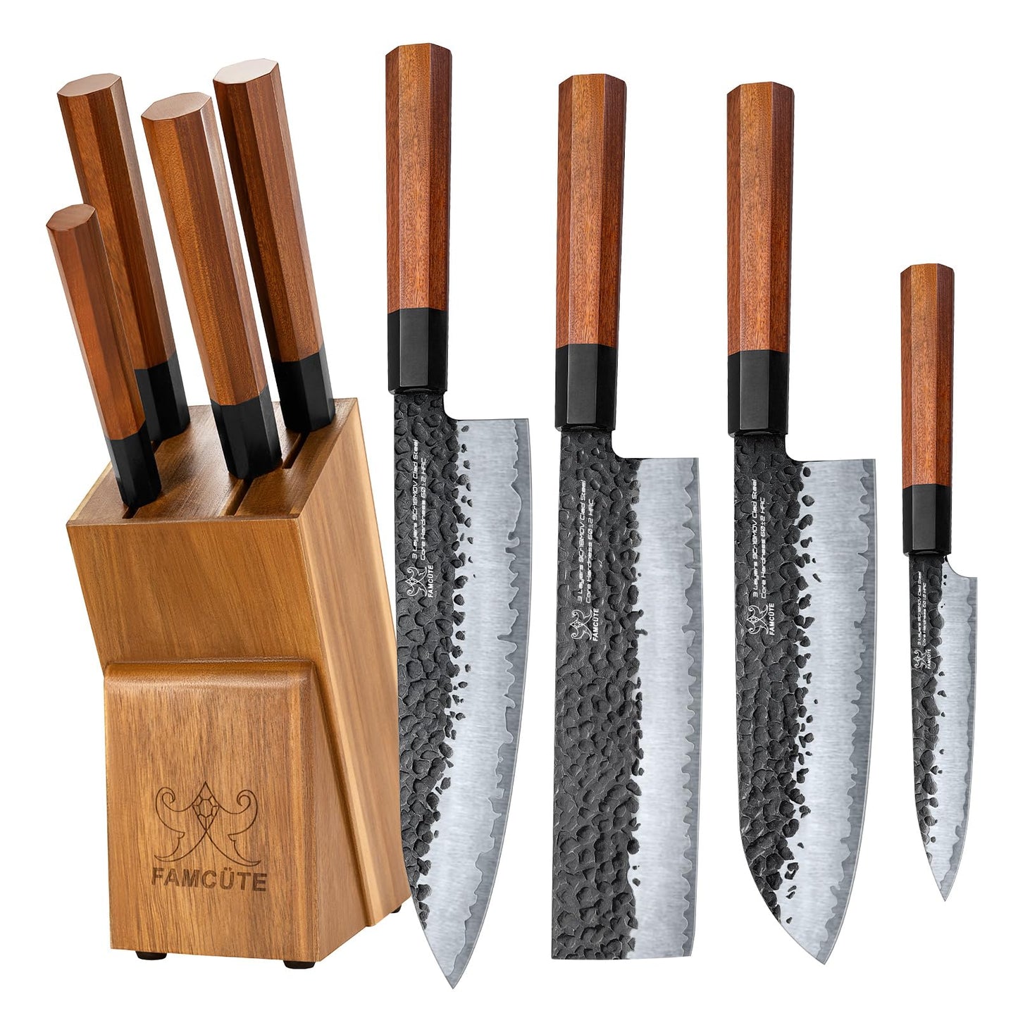 FAMCüTE Japanese Knife Block Set, Hand Forged 5-Layer 9CR18MOV Clad Steel Ultra Sharp Kitchen Knives with Wooden Storage & Rosewood Handle, Includes Chef, Santoku, Nakiri, Fruit Knife for Home Mom/Dad