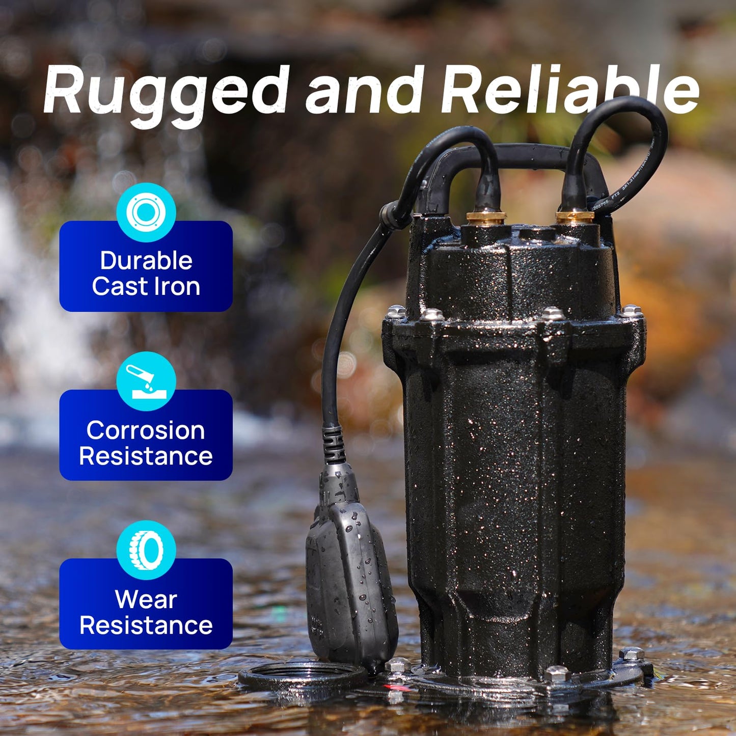 Aquastrong Sewage Grinder Pump, Cast Iron Effluent Pump, Auto Float Switch for Basement Sump Basin and Sewage Well