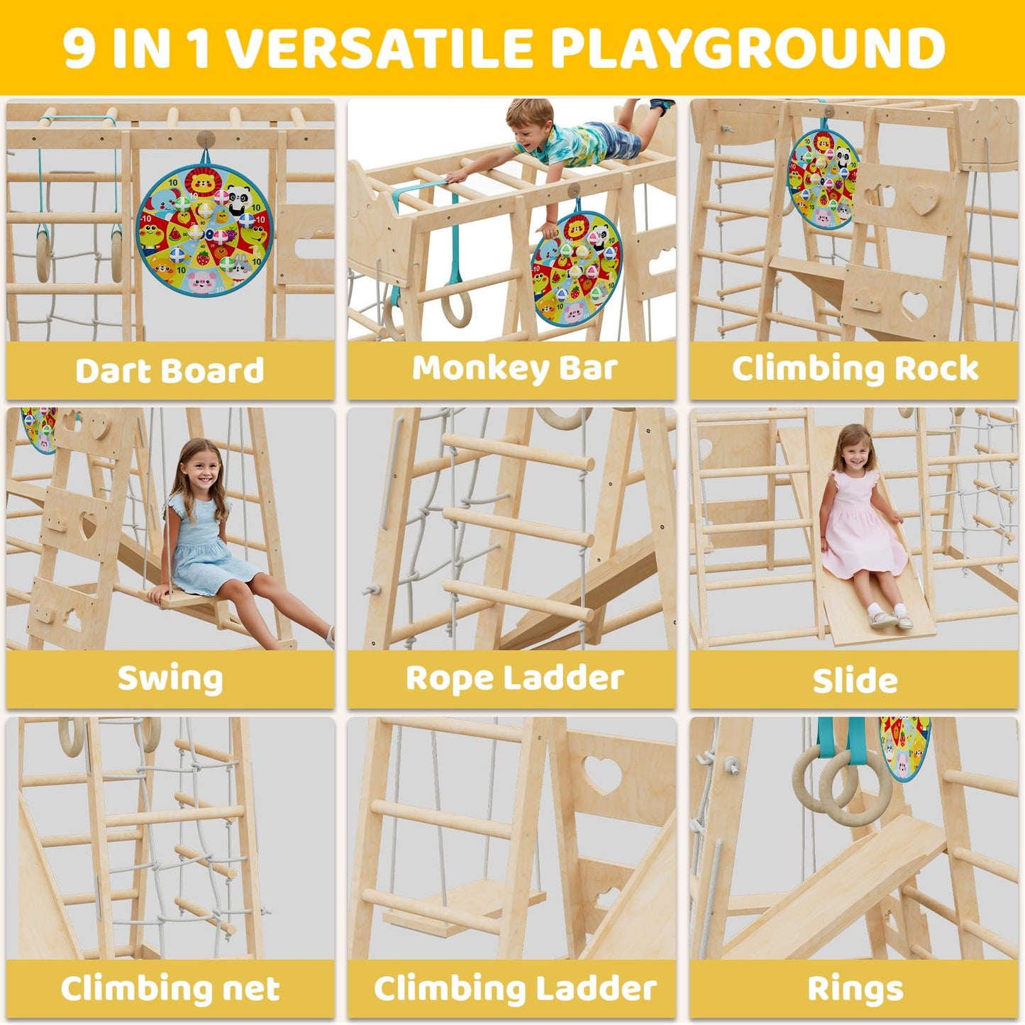 9-in-1 Indoor Jungle Gym, Indoor Playground for Toddlers,Wooden Montessori Climber Playset with Slide, Swing, Monkey Bar, Climbing Rock Climbing Net, Rope Ladder, Climbing Ladder, Rings and Dart Board