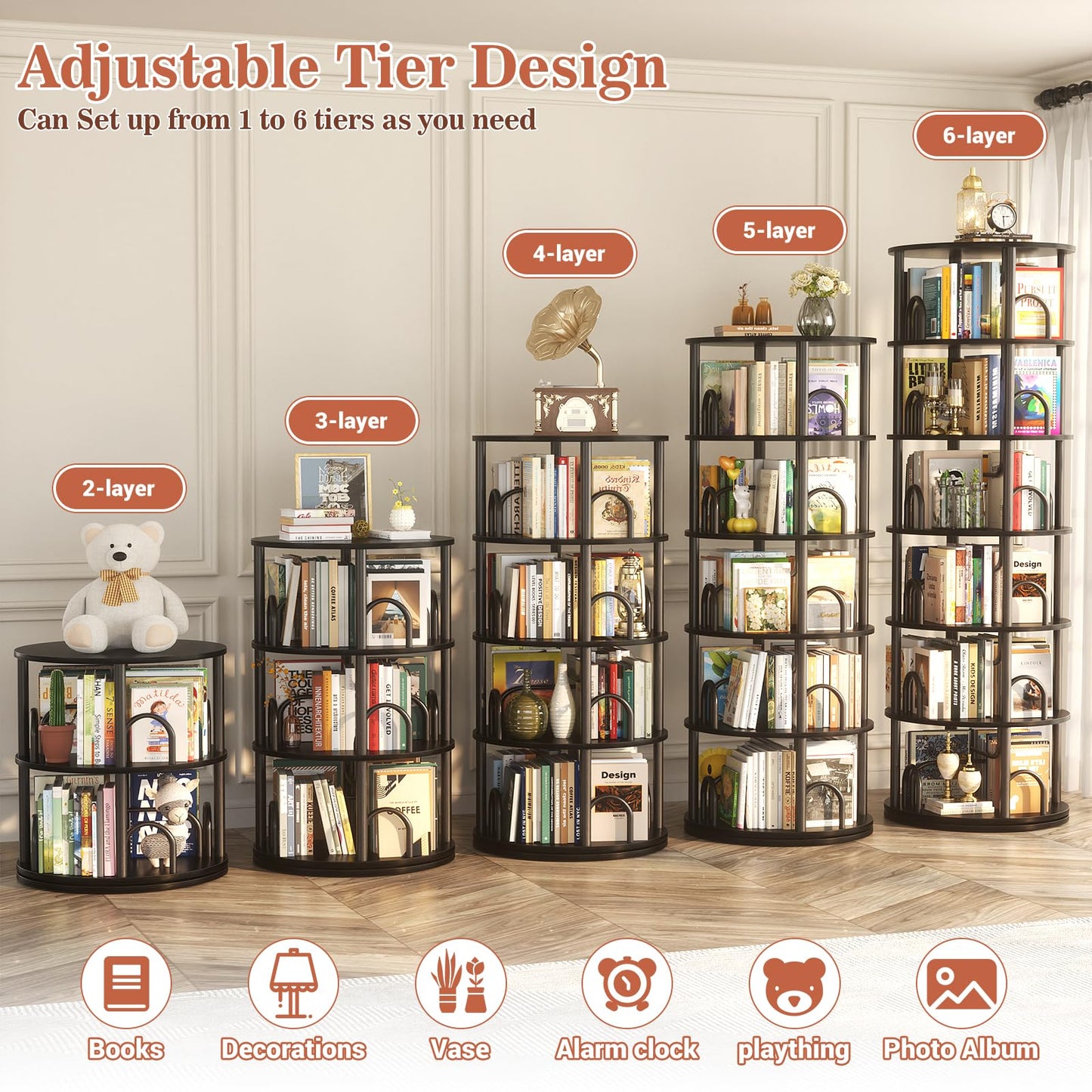 Aheaplus 6 Tier Rotating Bookshelf Tower, Revolving Bookcase, 360° Round Spinning Book Shelf, Narrow Swivel Bookshelves Vertical Rolling Turning Corner Bookshelf Organizer for Small Space, Black